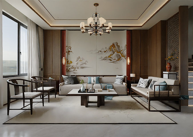 New Chinese-style living room and dining area11 3D model