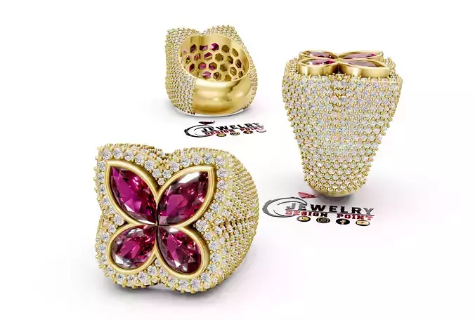 Custom Butterfly Diamond Iceout Ring - Pear Marquise Stone Ring 