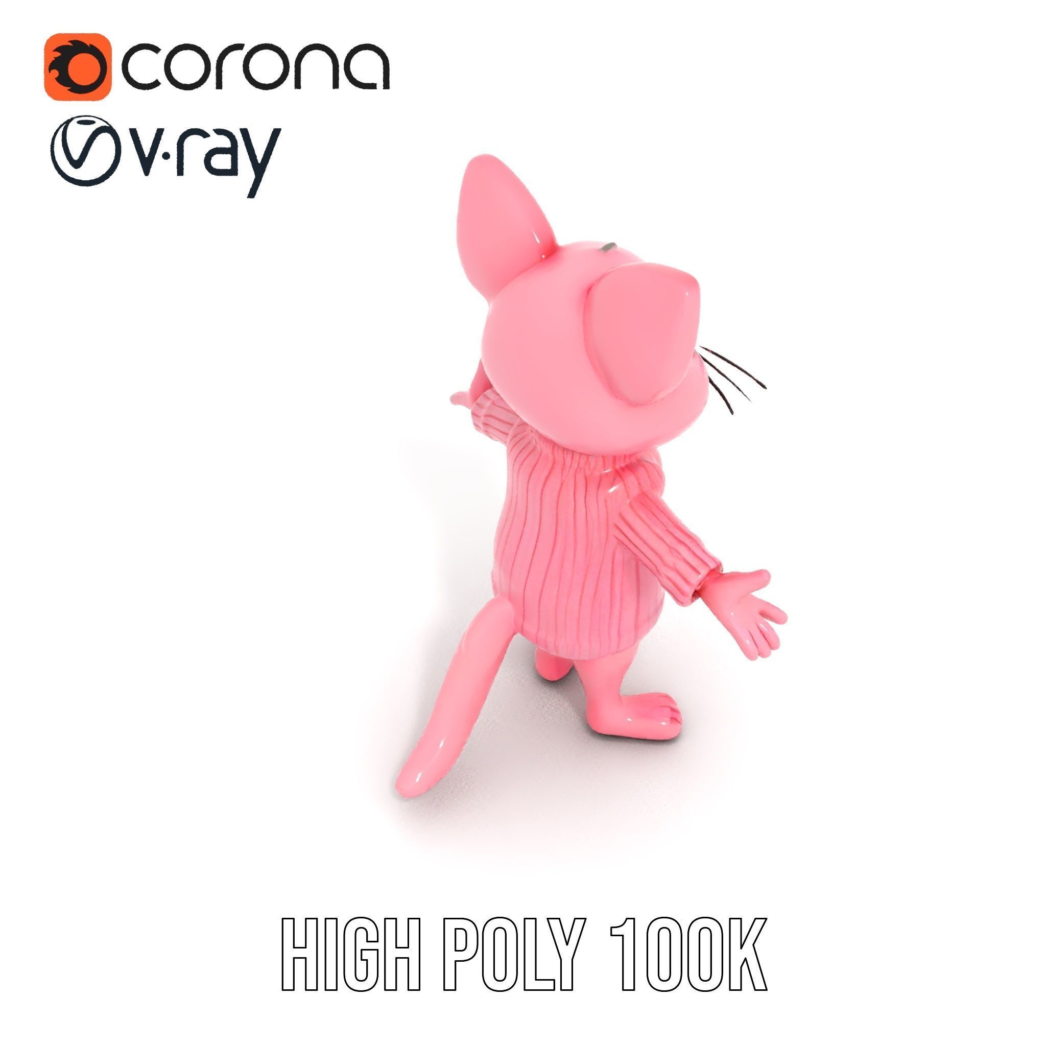 Adorable Pink Cat Character Rigged and Animated in Sweater Low-poly 3D model_29