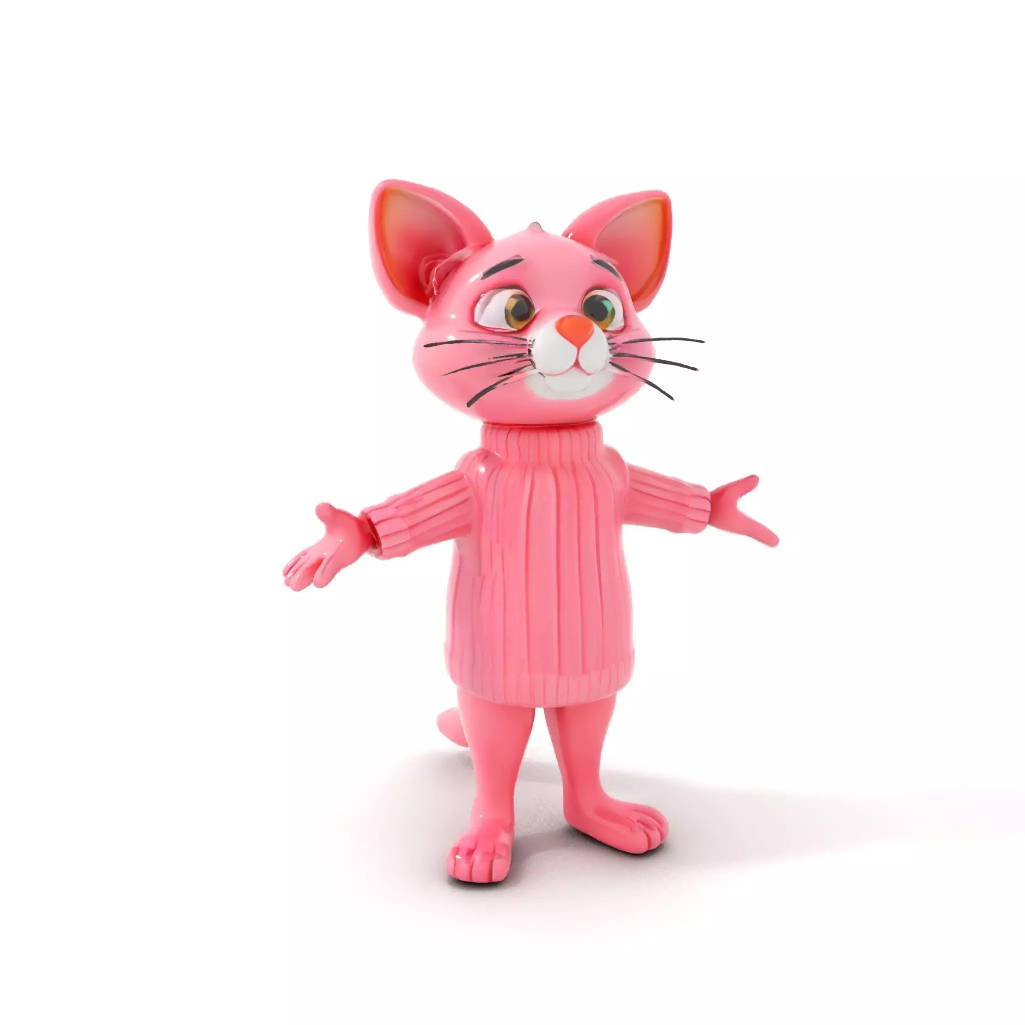 Adorable Pink Cat Character Rigged and Animated in Sweater Low-poly 3D model_0