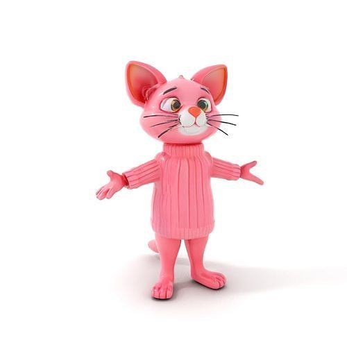 Adorable Pink Cat Character Rigged and Animated in Sweater Low-poly 3D model