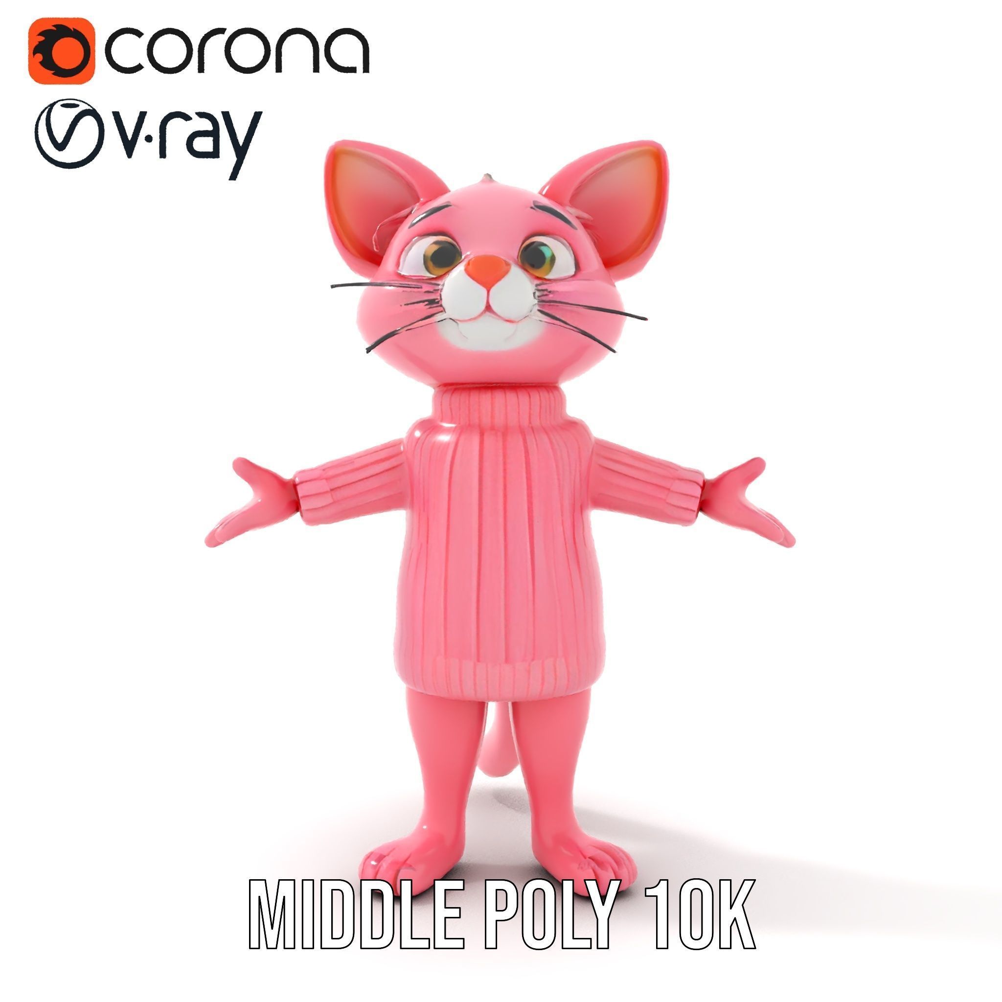 Adorable Pink Cat Character Rigged and Animated in Sweater Low-poly 3D model_16