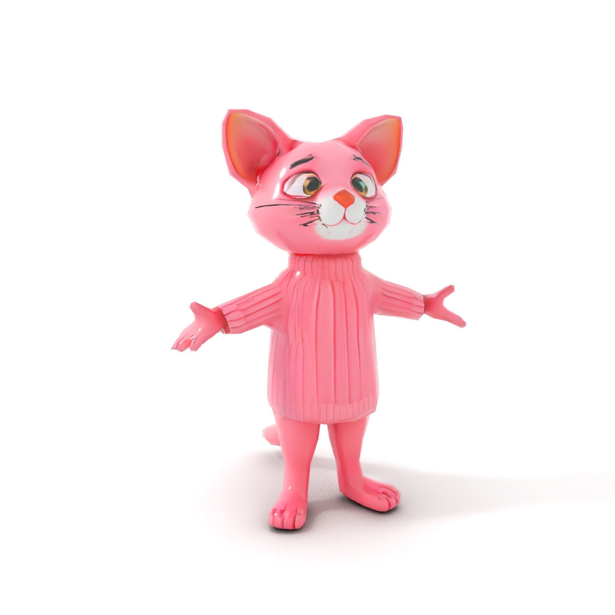 Adorable Pink Cat Character Rigged and Animated in Sweater Low-poly 3D model_10