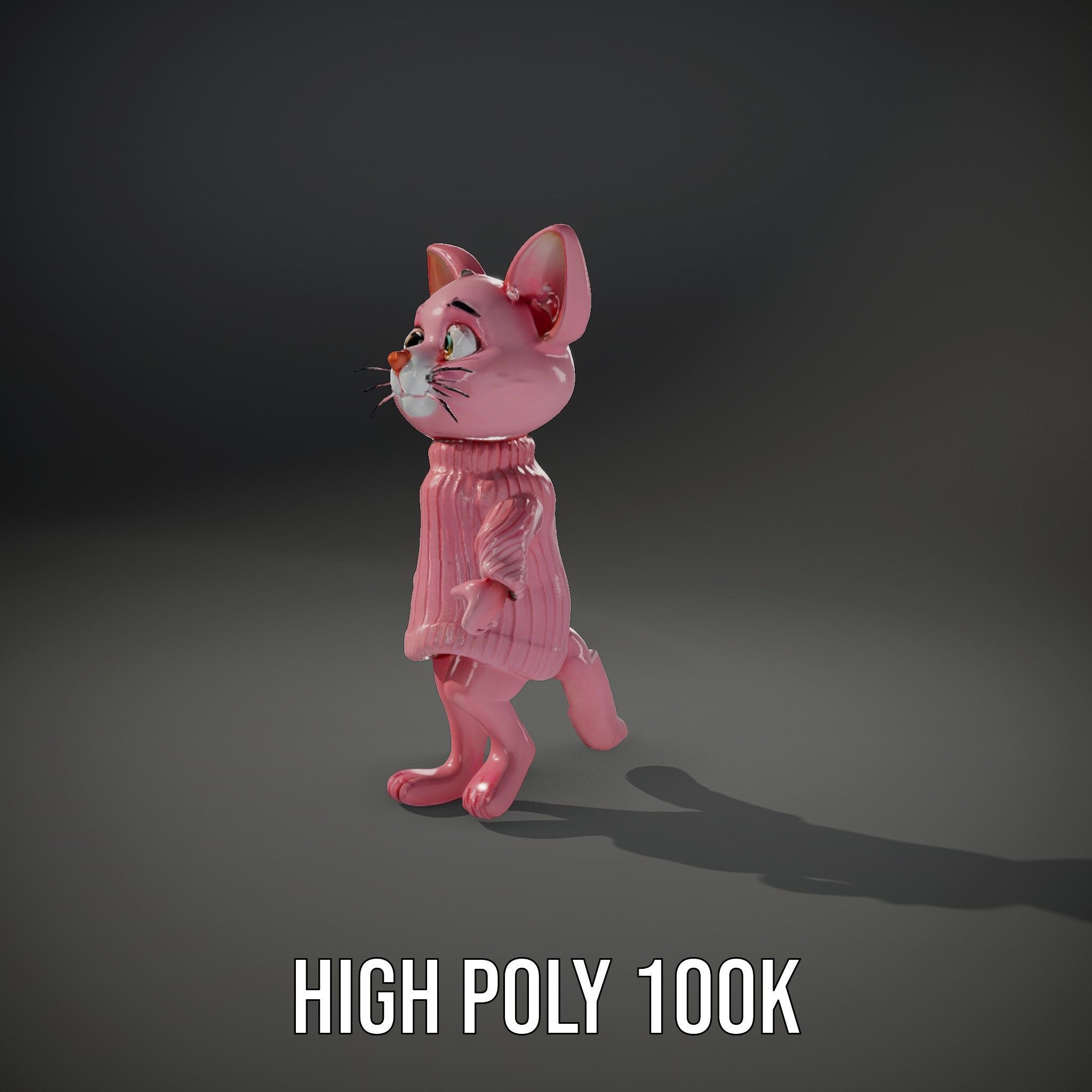 Adorable Pink Cat Character Rigged and Animated in Sweater Low-poly 3D model_11