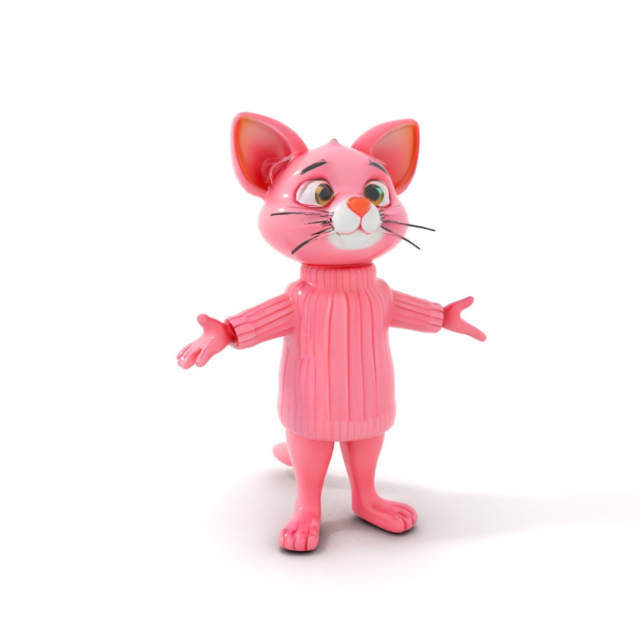 Adorable Pink Cat Character Rigged and Animated in Sweater Low-poly 3D model_12