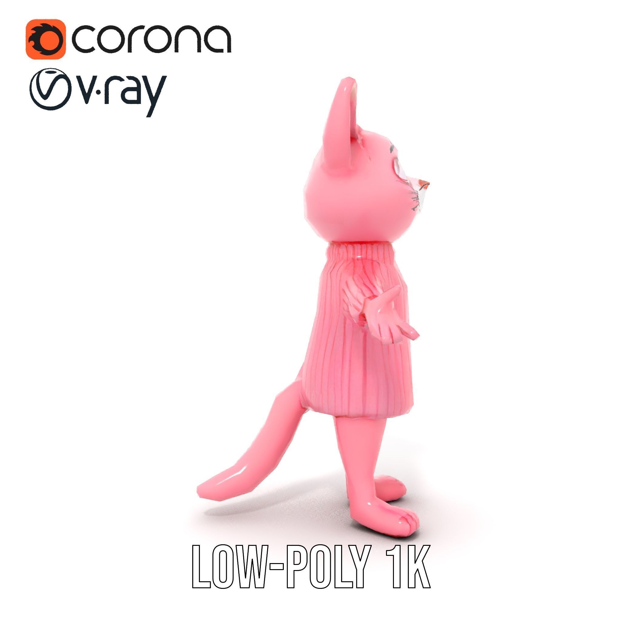 Adorable Pink Cat Character Rigged and Animated in Sweater Low-poly 3D model_13