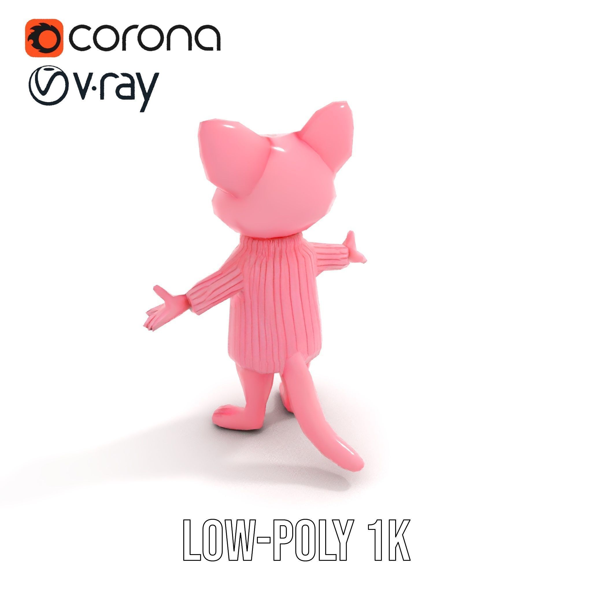 Adorable Pink Cat Character Rigged and Animated in Sweater Low-poly 3D model_8