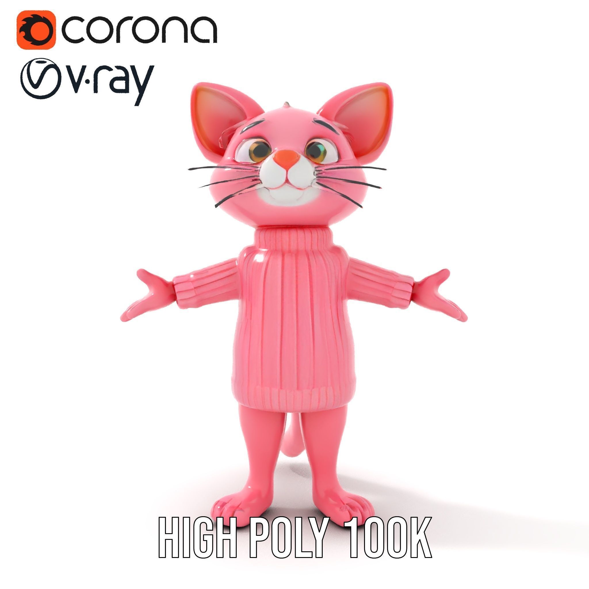 Adorable Pink Cat Character Rigged and Animated in Sweater Low-poly 3D model_23