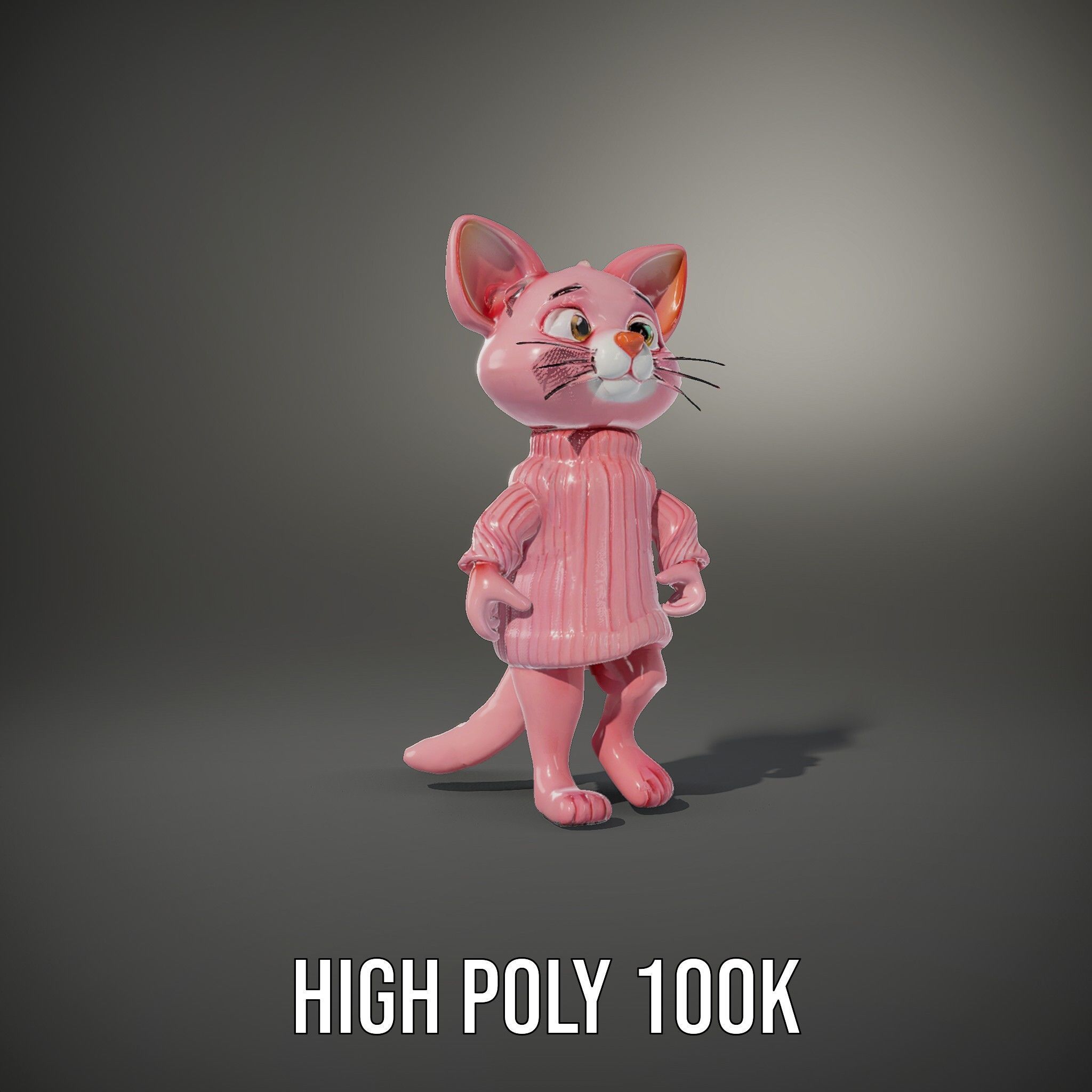 Adorable Pink Cat Character Rigged and Animated in Sweater Low-poly 3D model_9