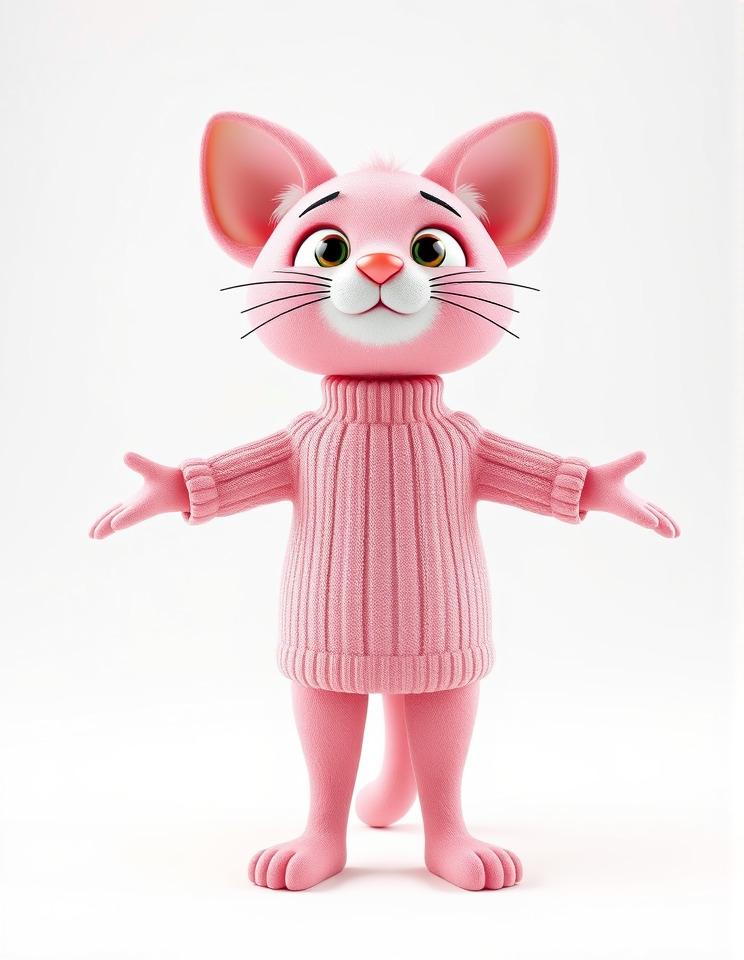 Adorable Pink Cat Character Rigged and Animated in Sweater Low-poly 3D model_3