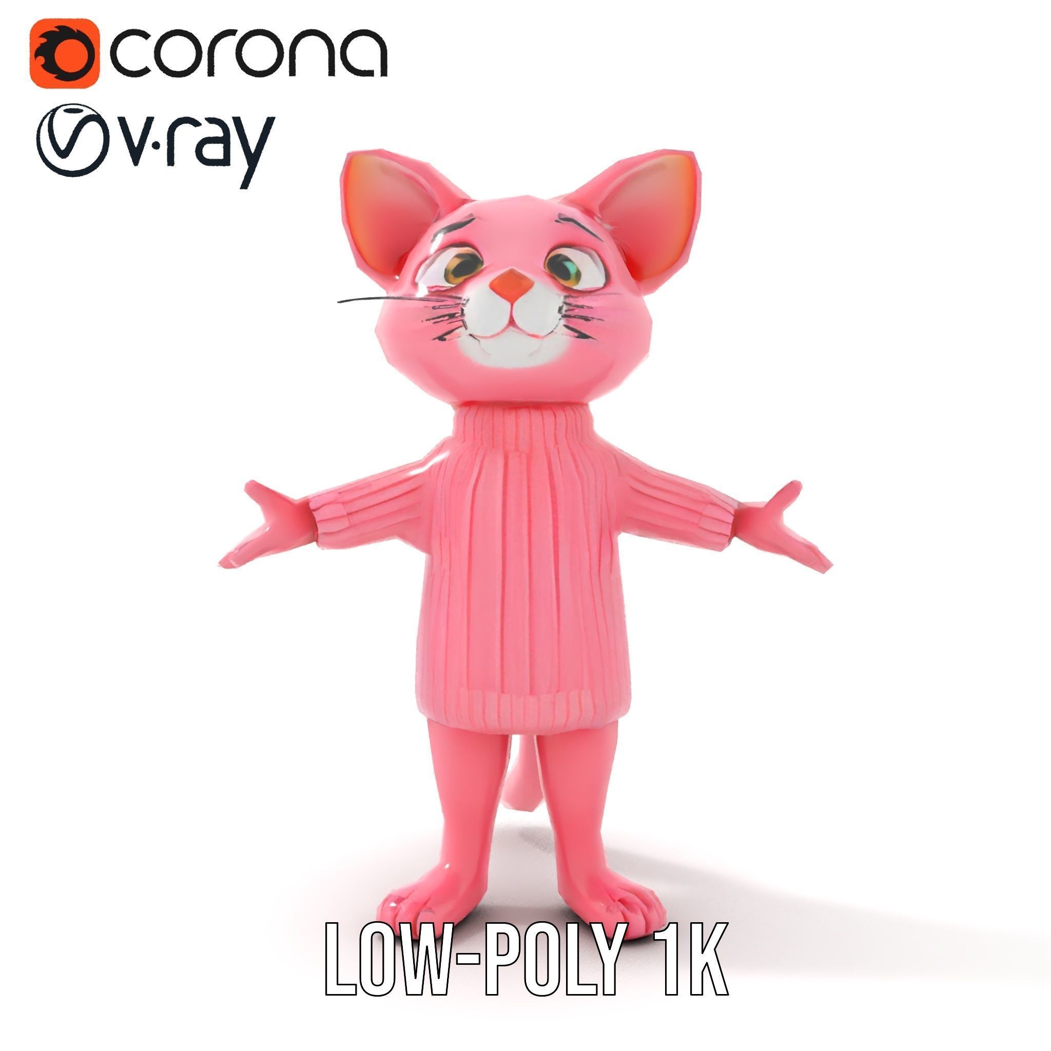 Adorable Pink Cat Character Rigged and Animated in Sweater Low-poly 3D model_31