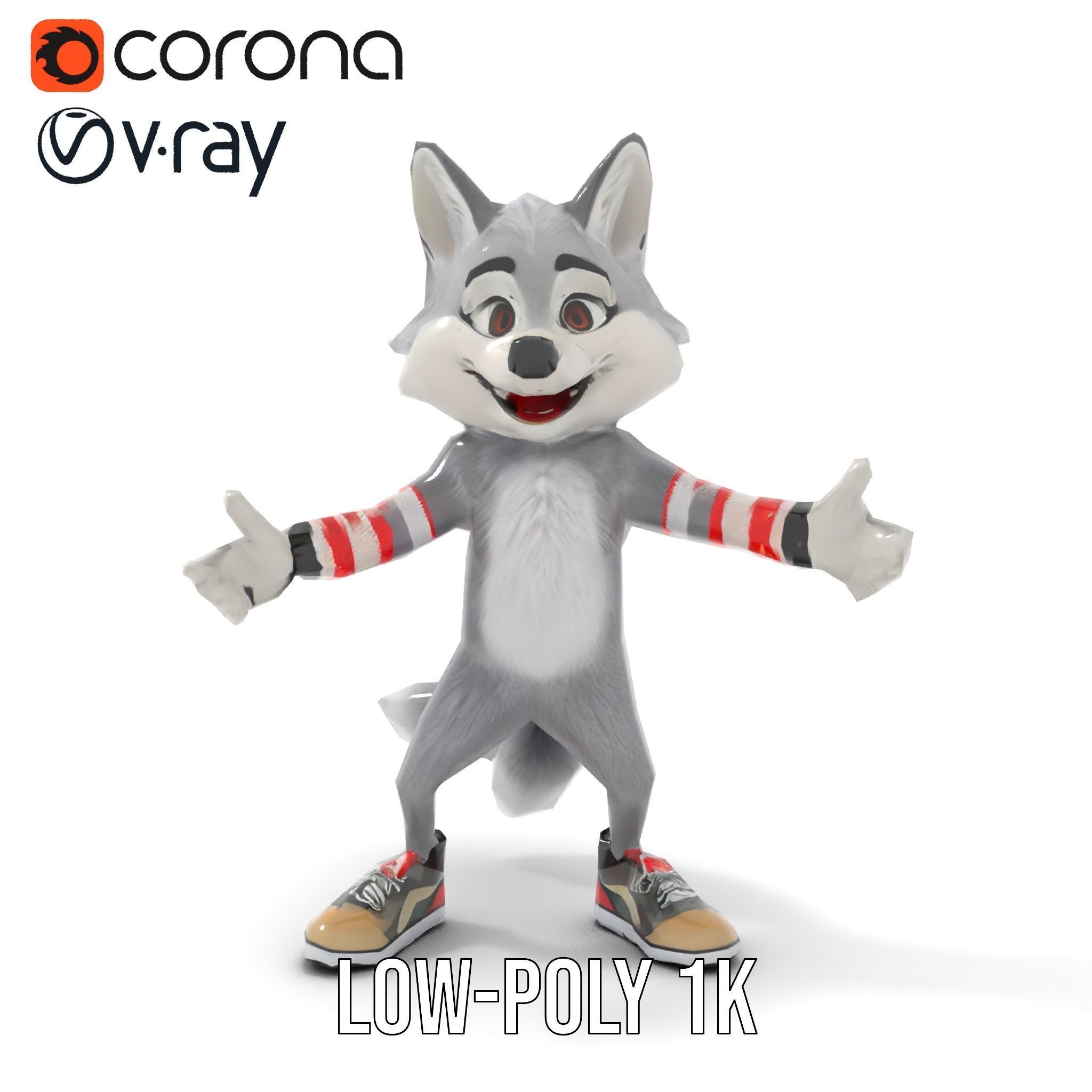 Cheerful Fluffy Wolf Character Model  Rigged and Animated Low-poly 3D model_8