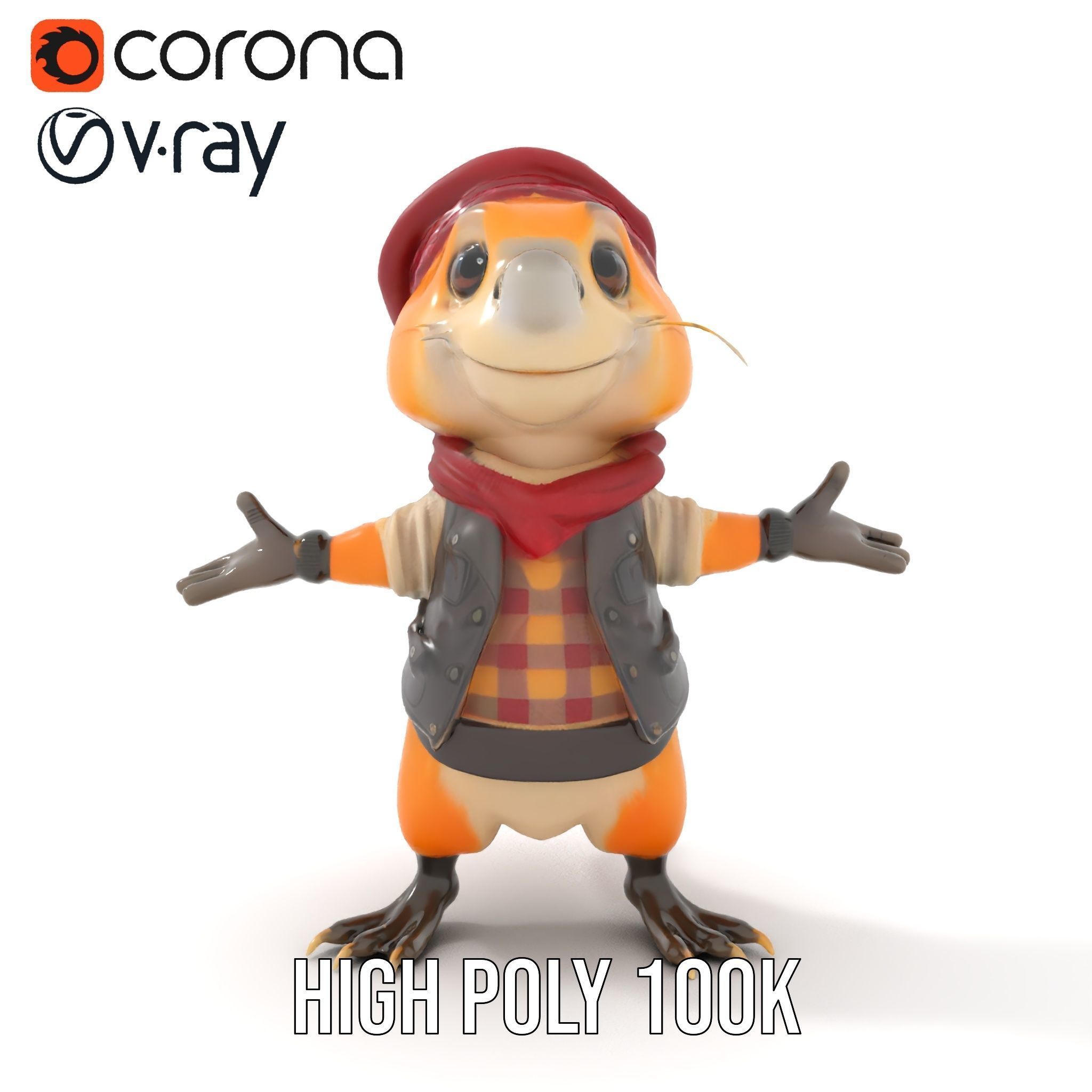 Animated Rigged Character Model Cozy PlaidClad Creature Low-poly 3D model_24