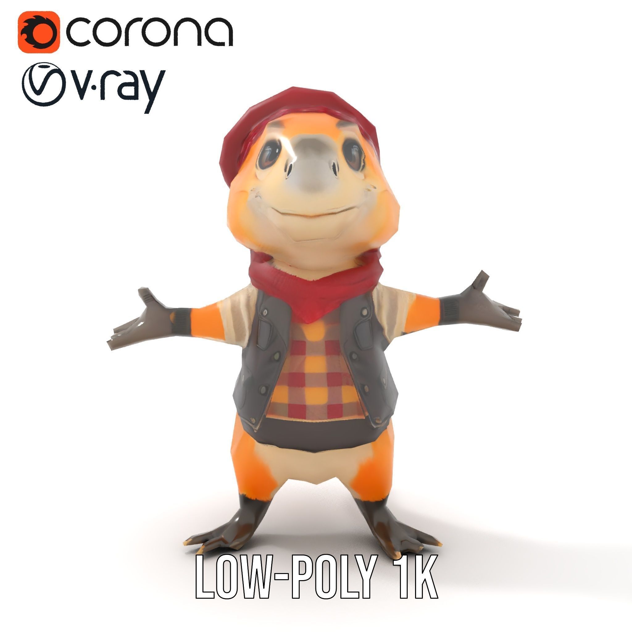 Animated Rigged Character Model Cozy PlaidClad Creature Low-poly 3D model_26