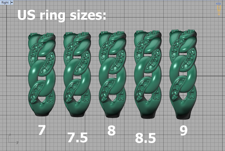 Diamond Cuban Chain Link Ring Halfway 7mm Links Ring 3D print model_12