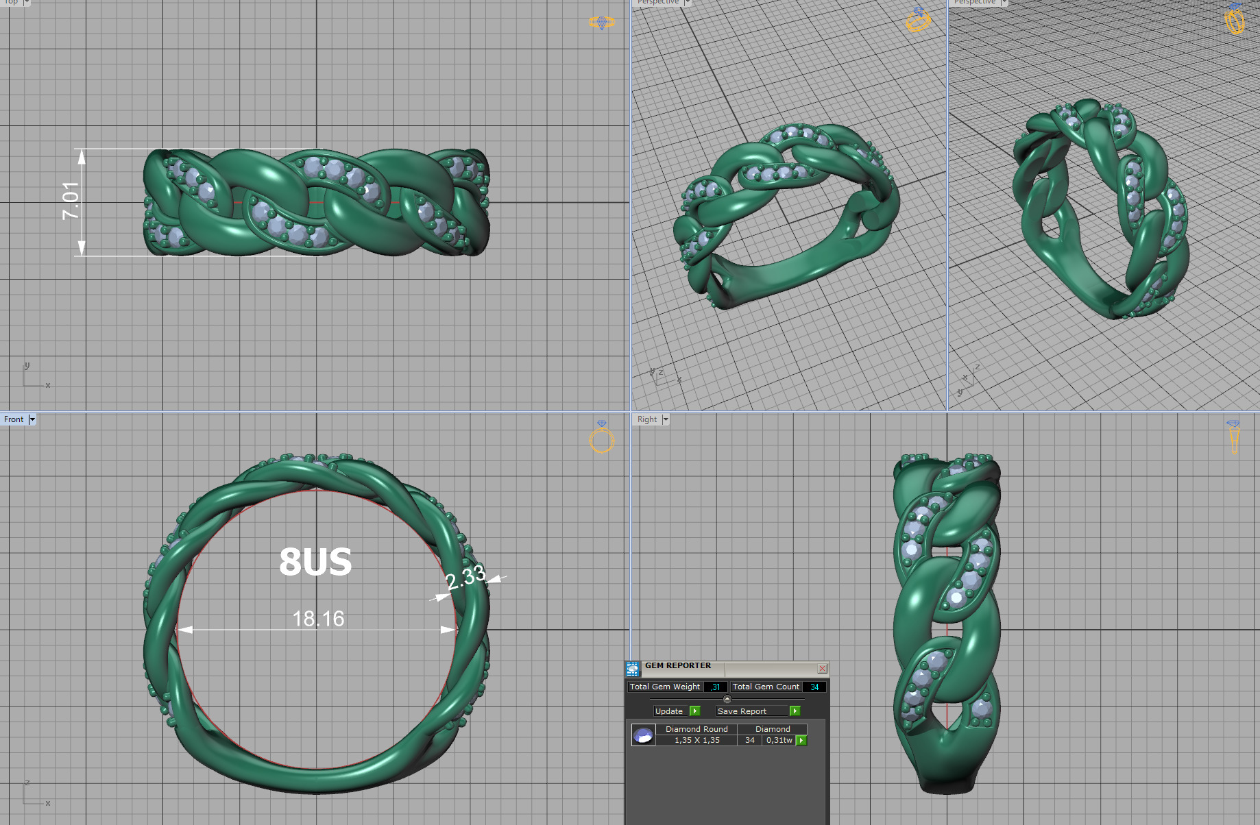 Diamond Cuban Chain Link Ring Halfway 7mm Links Ring 3D print model_8