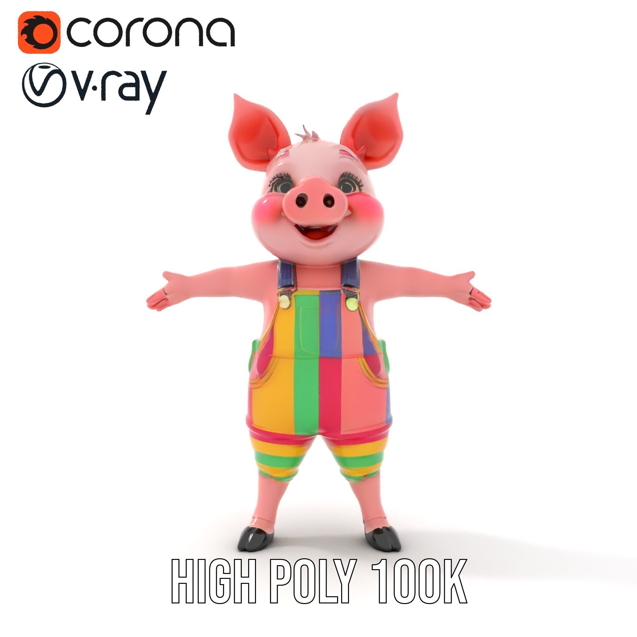 Colorful Striped Overall Piglet Character  Rigged and Animated Low-poly 3D model_10