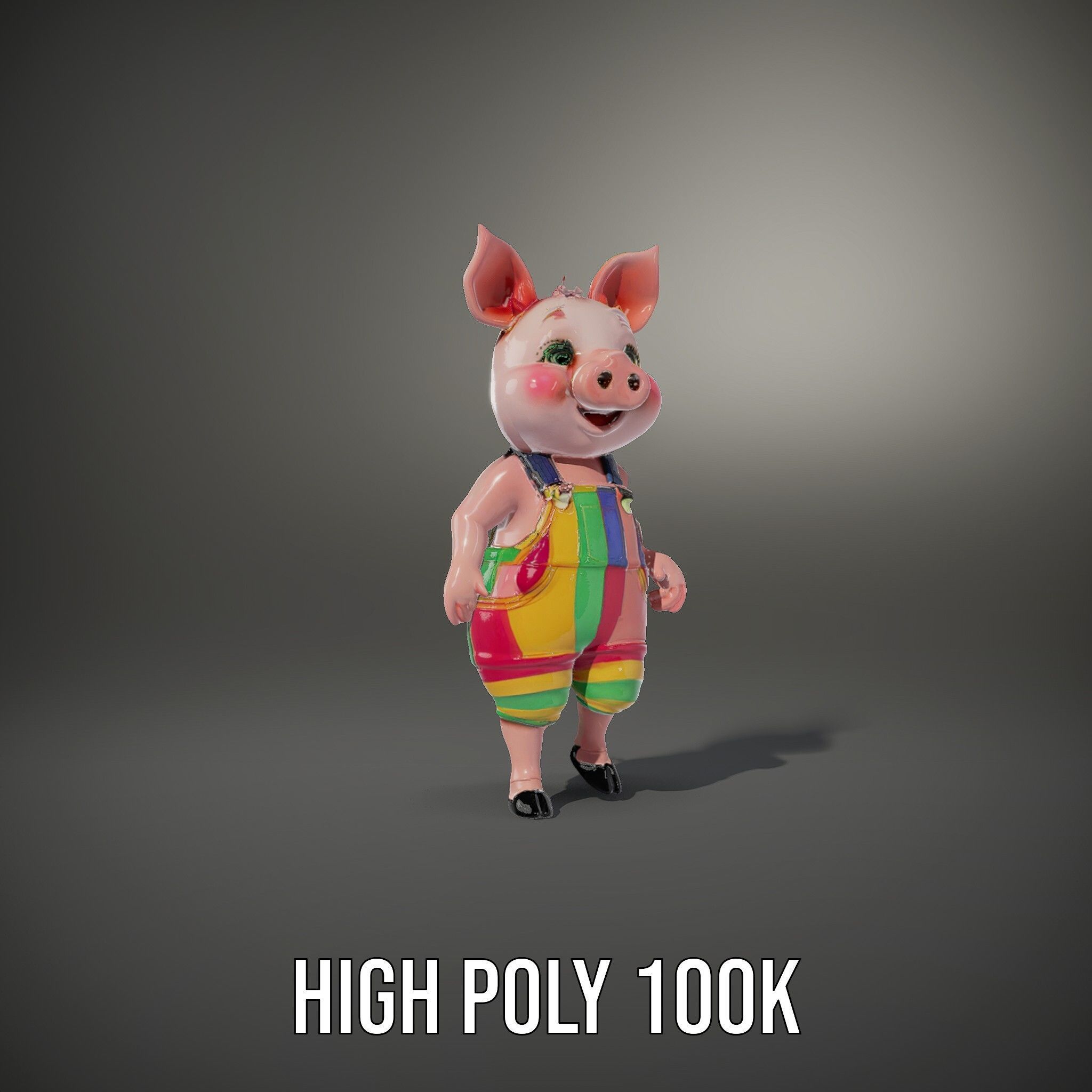 Colorful Striped Overall Piglet Character  Rigged and Animated Low-poly 3D model_32