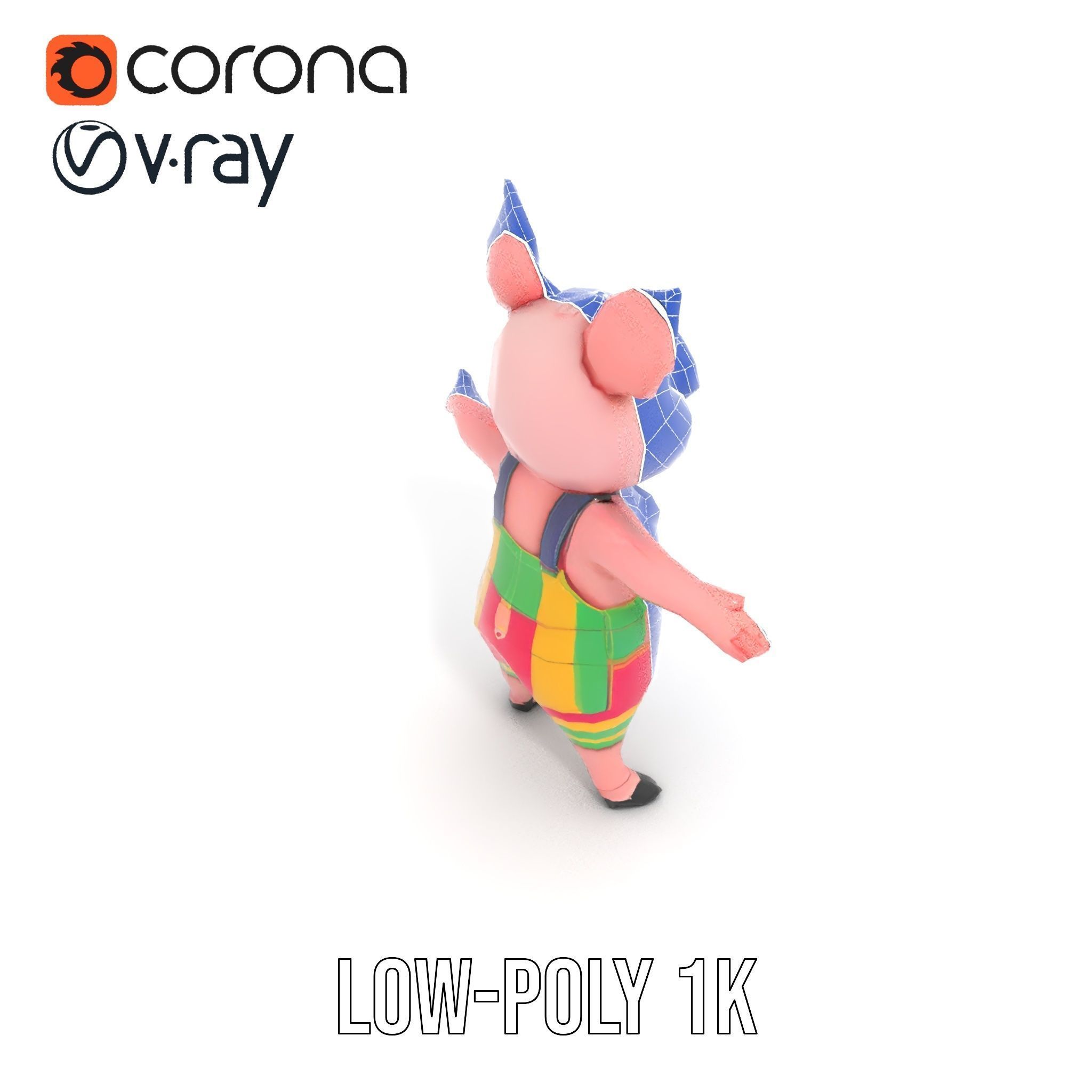 Colorful Striped Overall Piglet Character  Rigged and Animated Low-poly 3D model_28