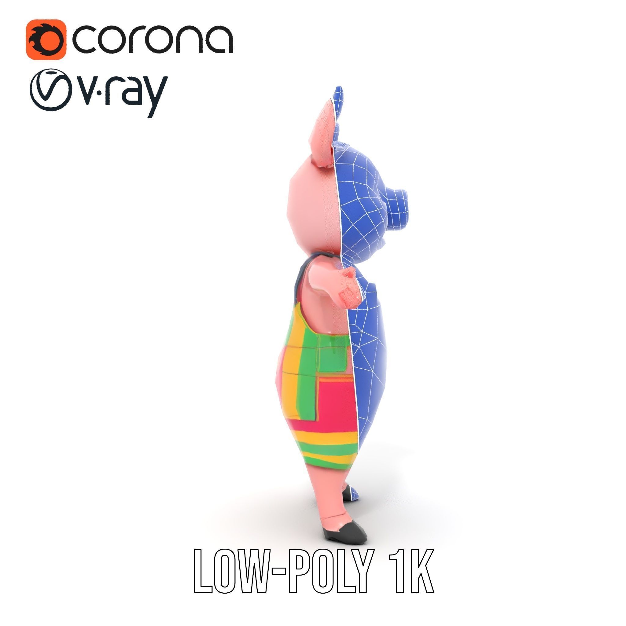 Colorful Striped Overall Piglet Character  Rigged and Animated Low-poly 3D model_31