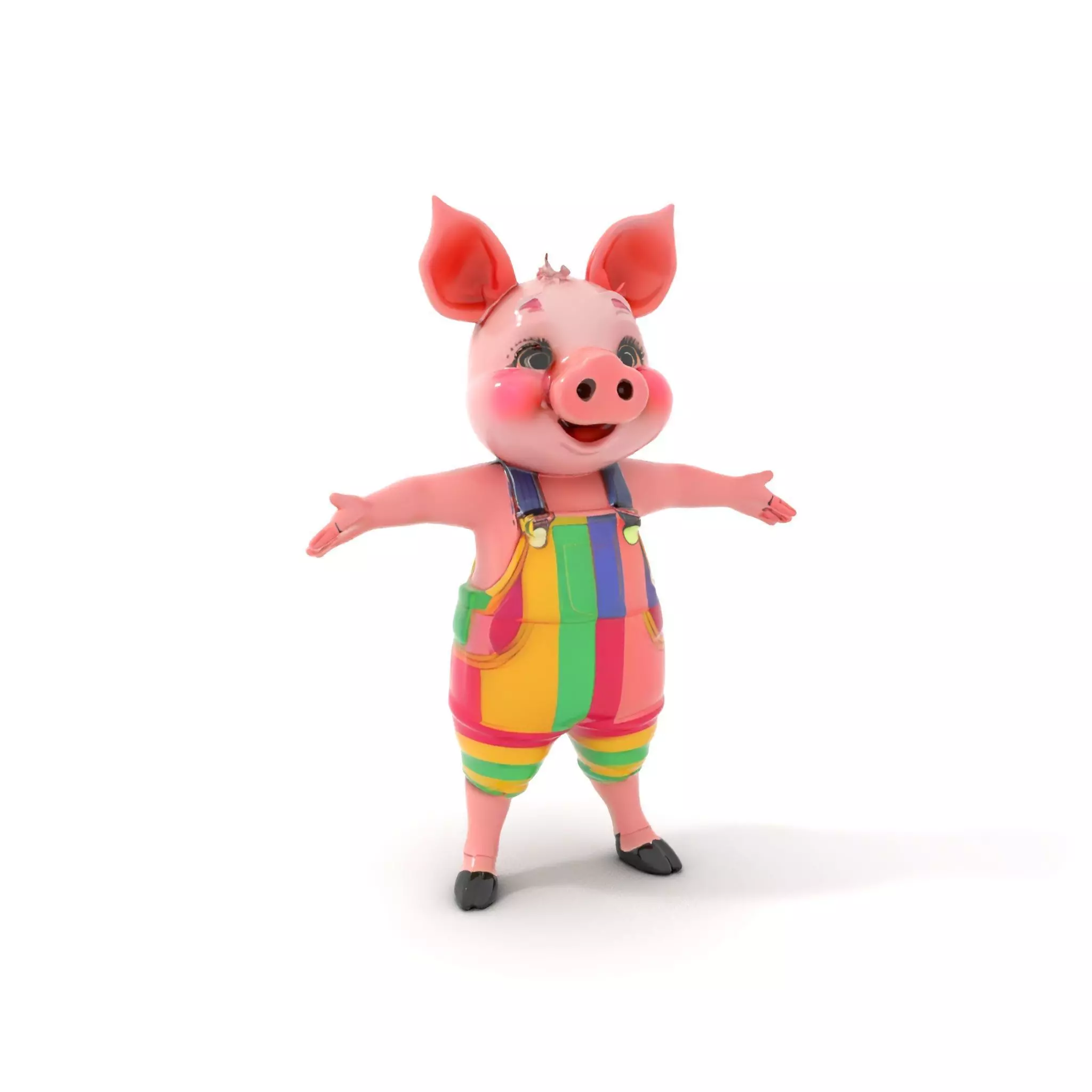 Colorful Striped Overall Piglet Character  Rigged and Animated Low-poly 3D model_0