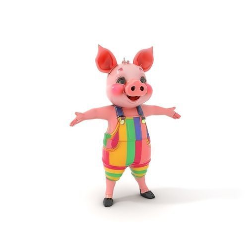 Colorful Striped Overall Piglet Character  Rigged and Animated Low-poly 3D model