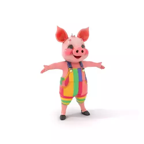 Colorful Striped Overall Piglet Character  Rigged and Animated Low-poly 3D model
