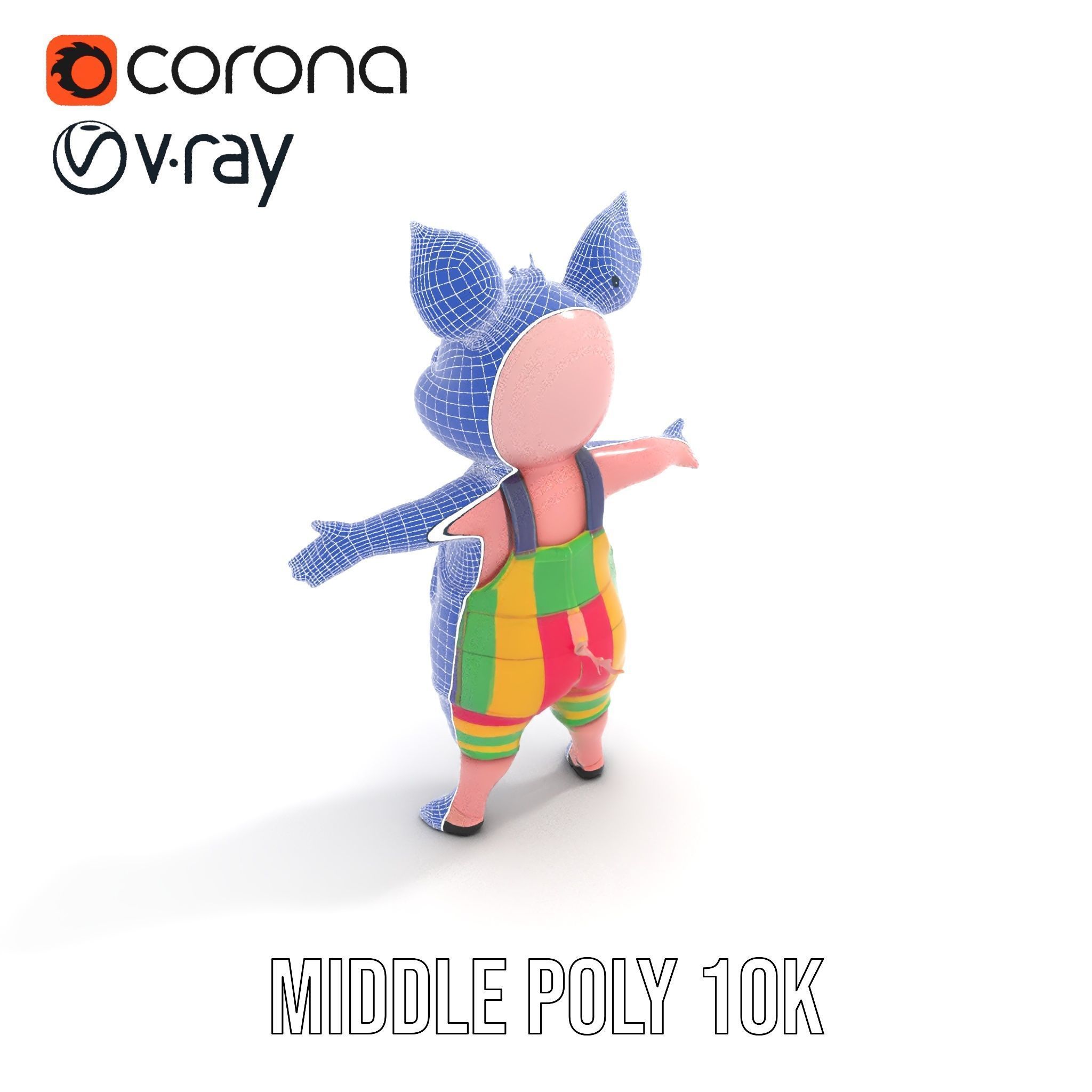 Colorful Striped Overall Piglet Character  Rigged and Animated Low-poly 3D model_17