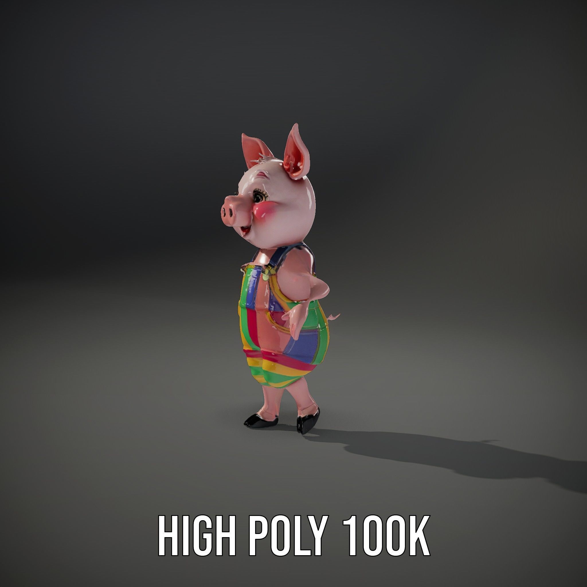 Colorful Striped Overall Piglet Character  Rigged and Animated Low-poly 3D model_29