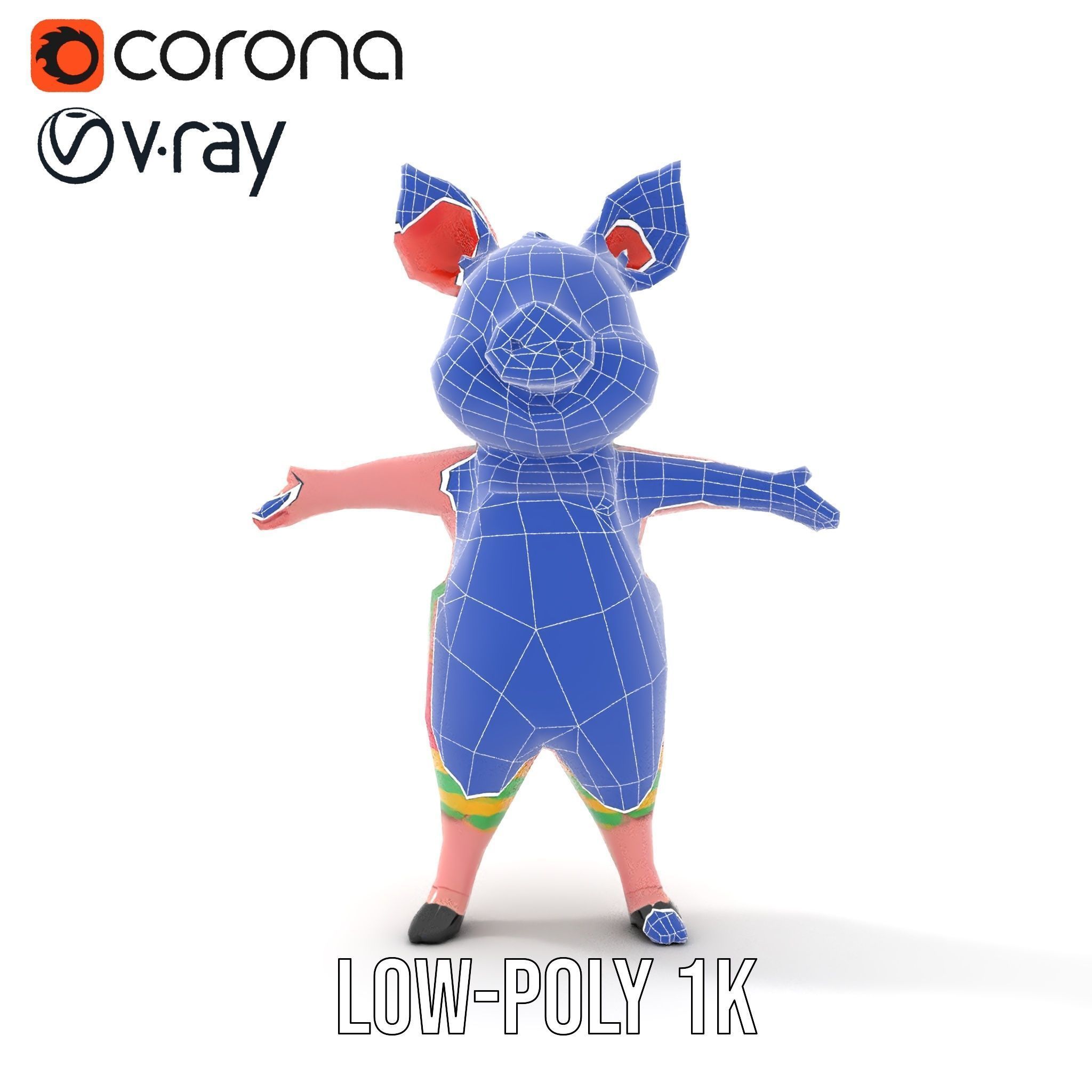 Colorful Striped Overall Piglet Character  Rigged and Animated Low-poly 3D model_25