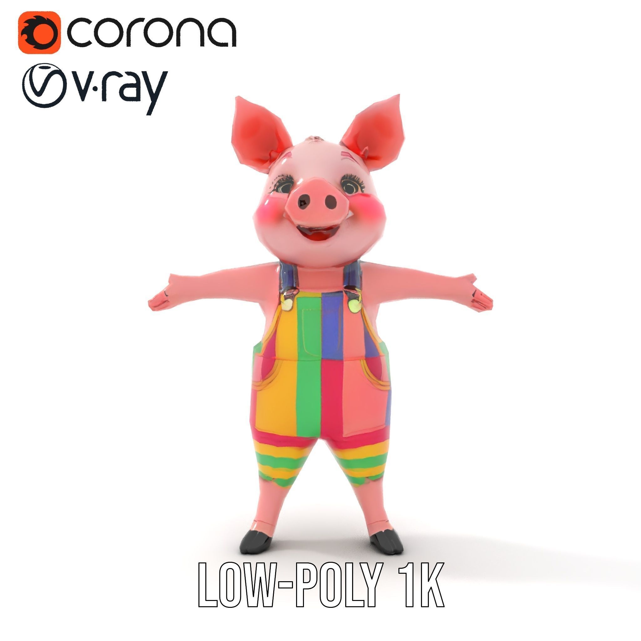 Colorful Striped Overall Piglet Character  Rigged and Animated Low-poly 3D model_22