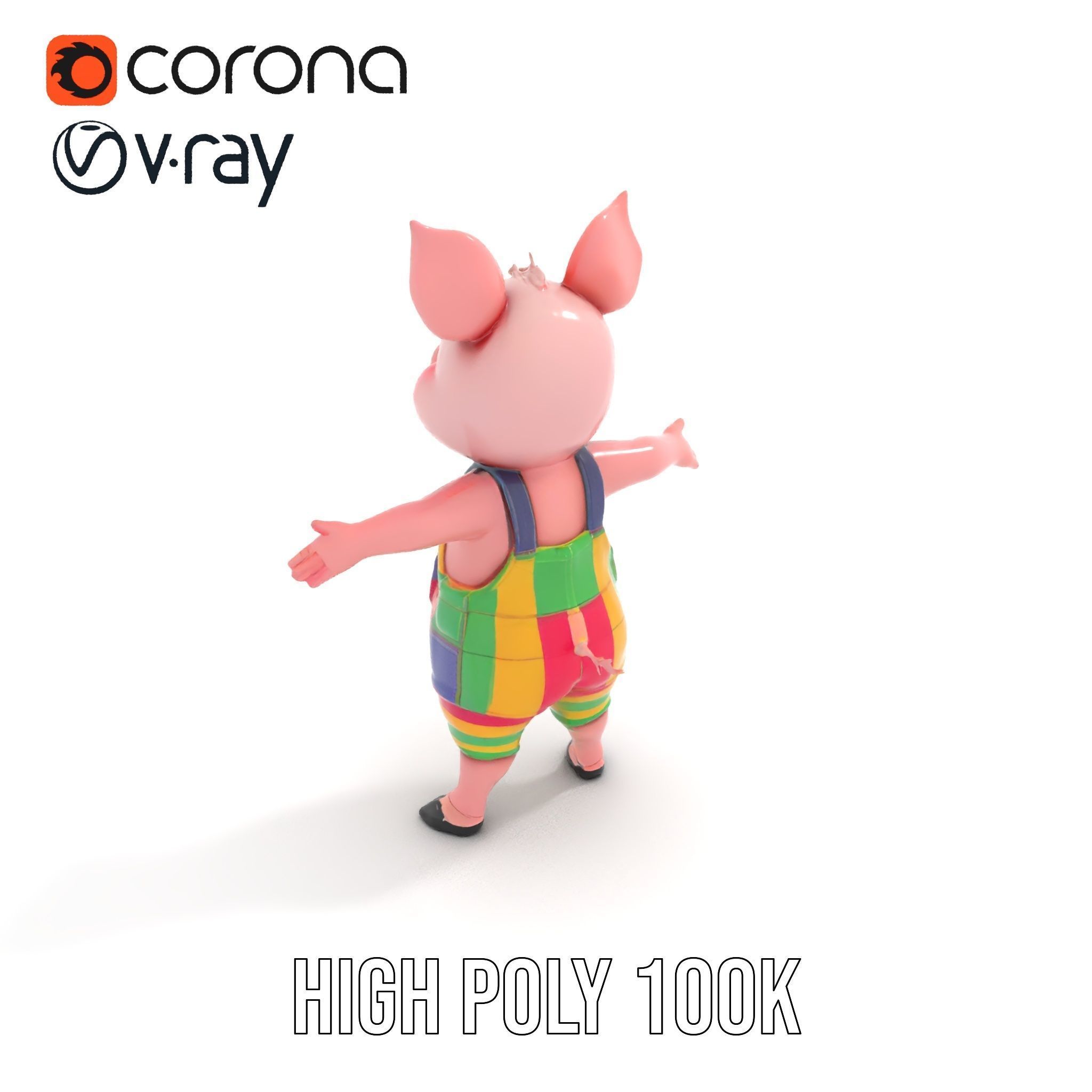 Colorful Striped Overall Piglet Character  Rigged and Animated Low-poly 3D model_23