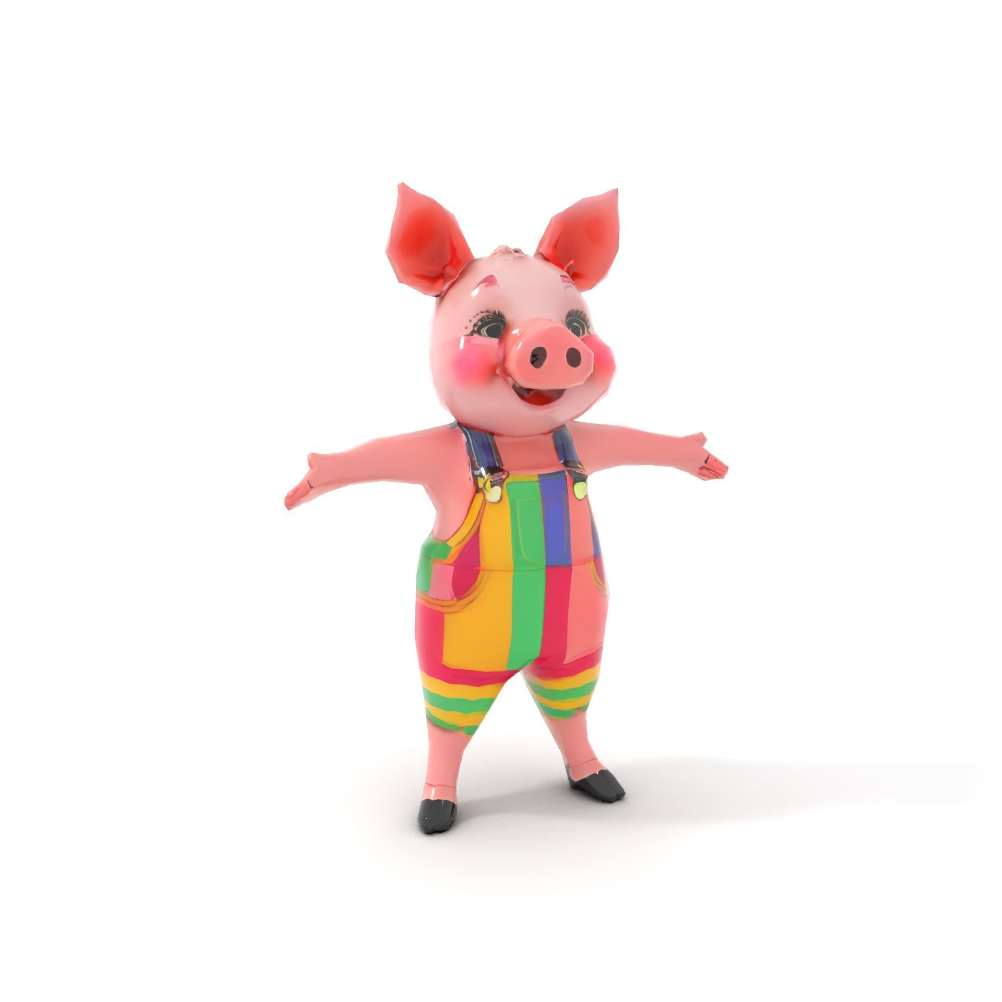 Colorful Striped Overall Piglet Character  Rigged and Animated Low-poly 3D model_9