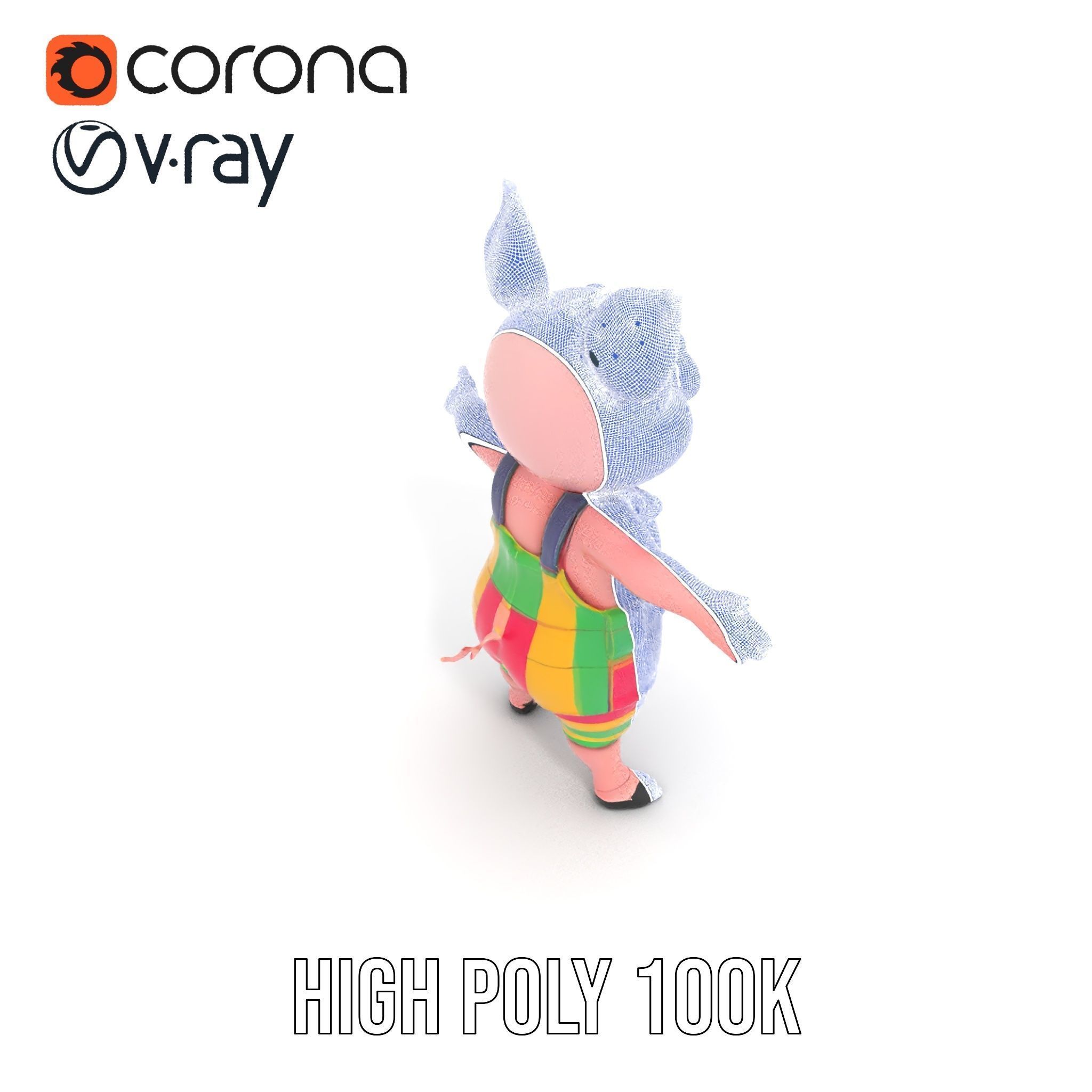 Colorful Striped Overall Piglet Character  Rigged and Animated Low-poly 3D model_36