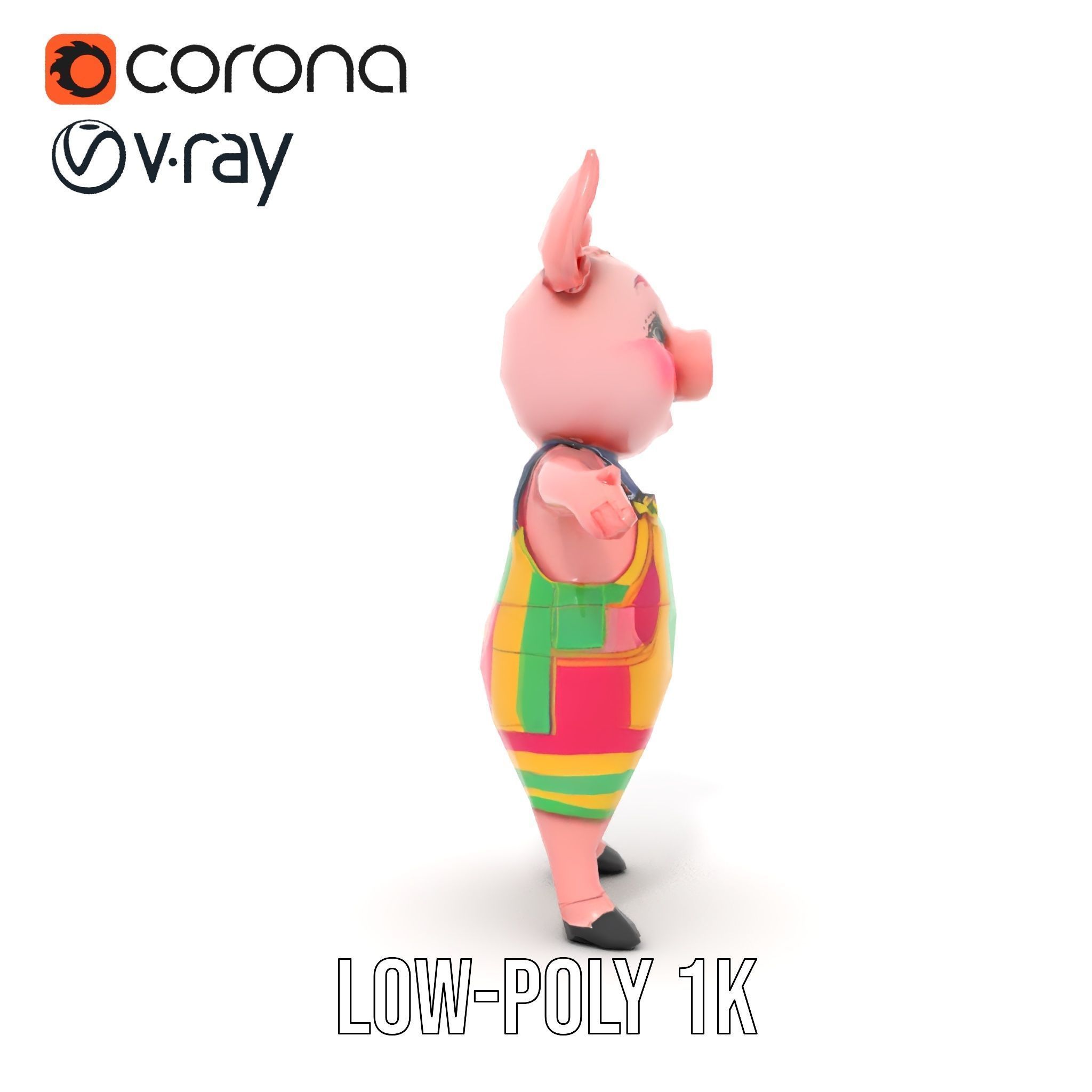 Colorful Striped Overall Piglet Character  Rigged and Animated Low-poly 3D model_12