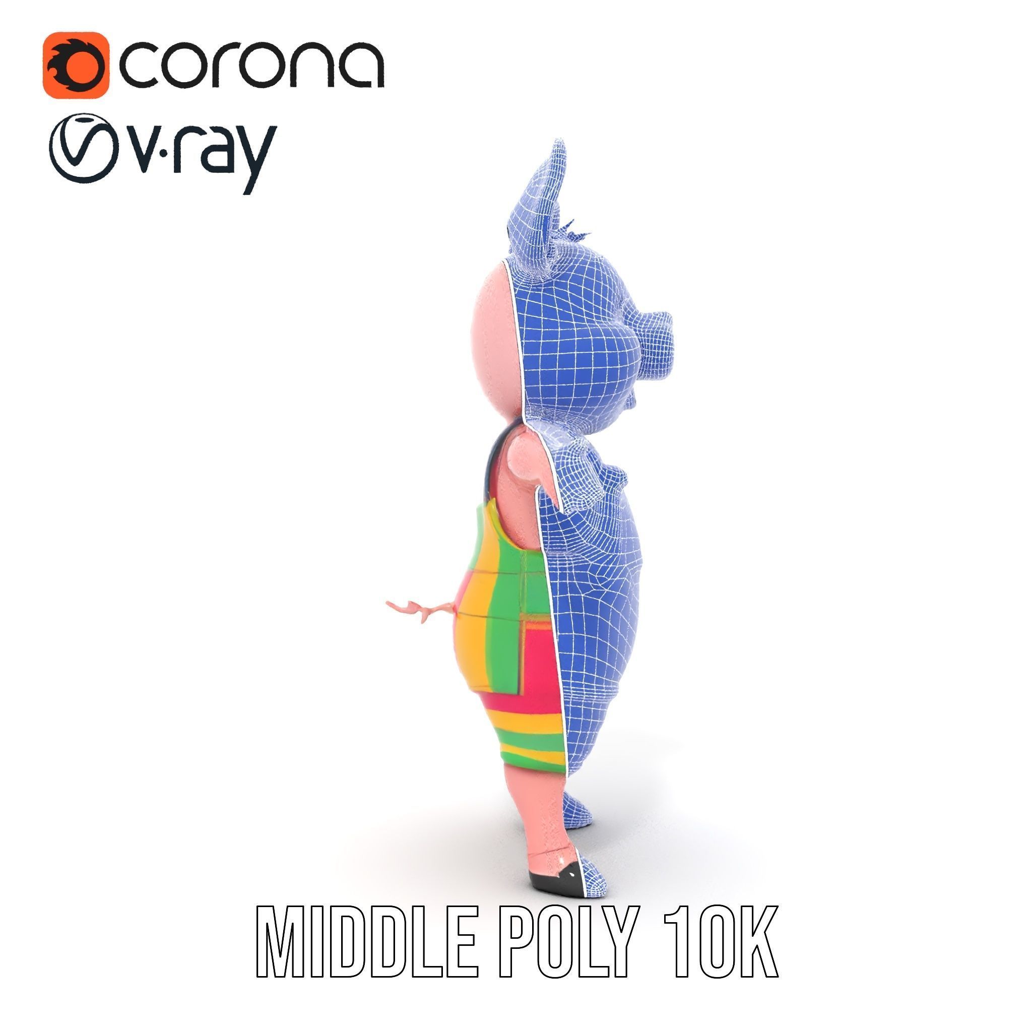 Colorful Striped Overall Piglet Character  Rigged and Animated Low-poly 3D model_35