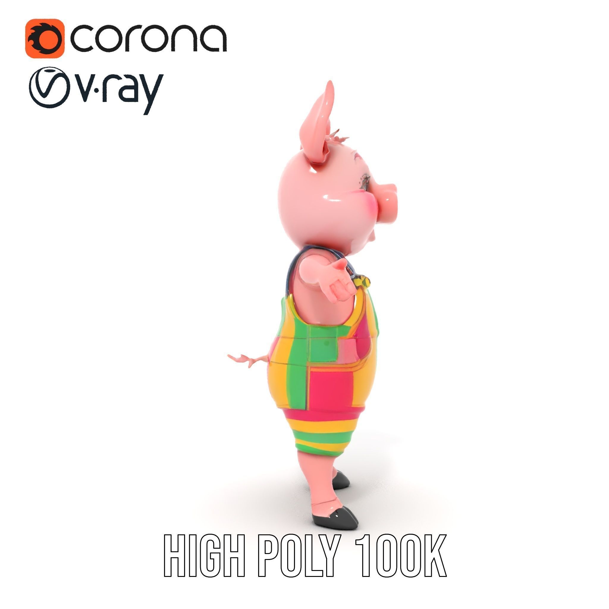 Colorful Striped Overall Piglet Character  Rigged and Animated Low-poly 3D model_13