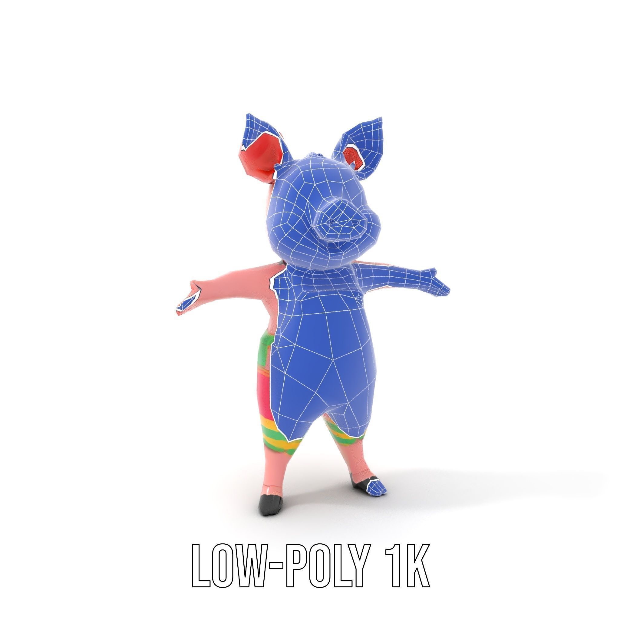 Colorful Striped Overall Piglet Character  Rigged and Animated Low-poly 3D model_18