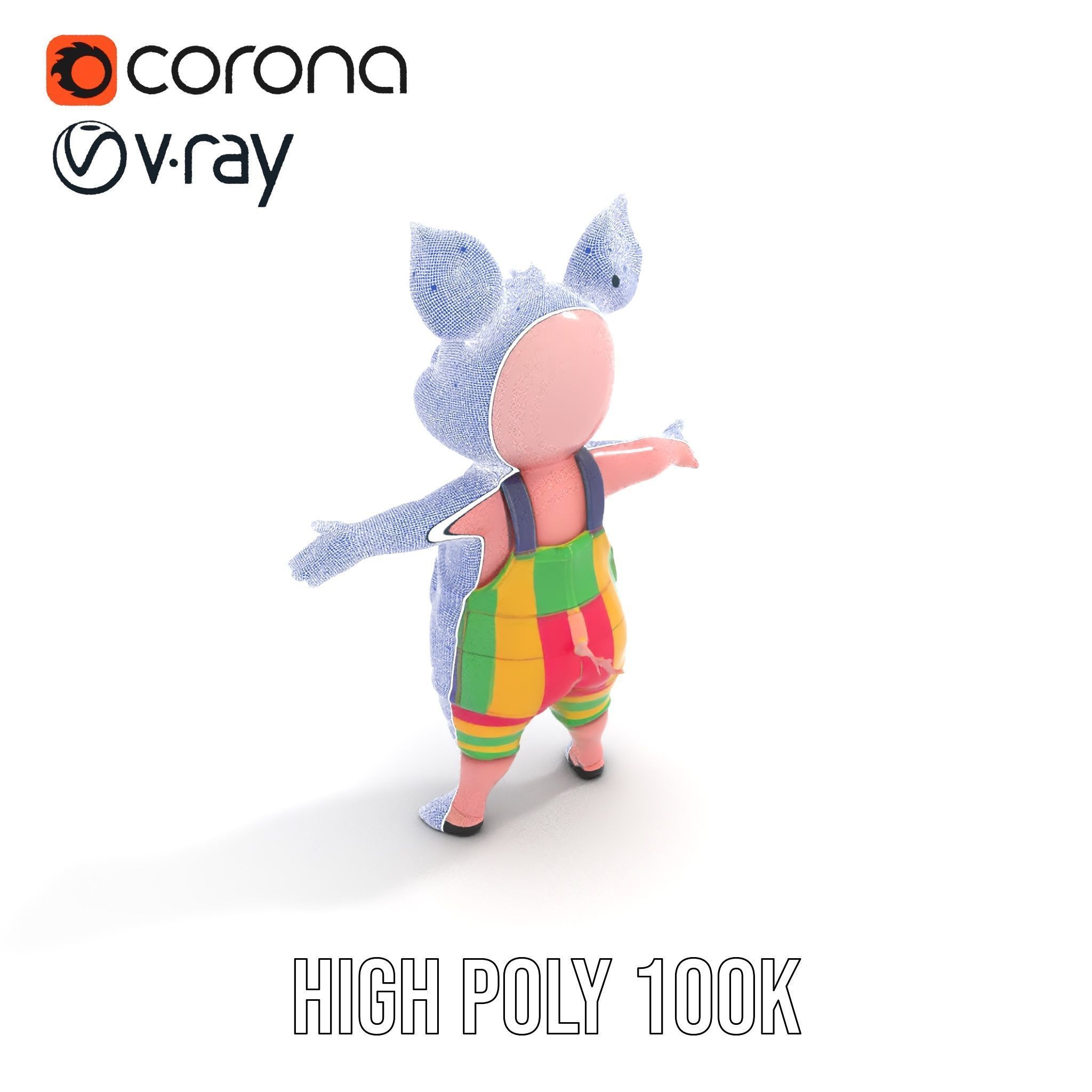 Colorful Striped Overall Piglet Character  Rigged and Animated Low-poly 3D model_26