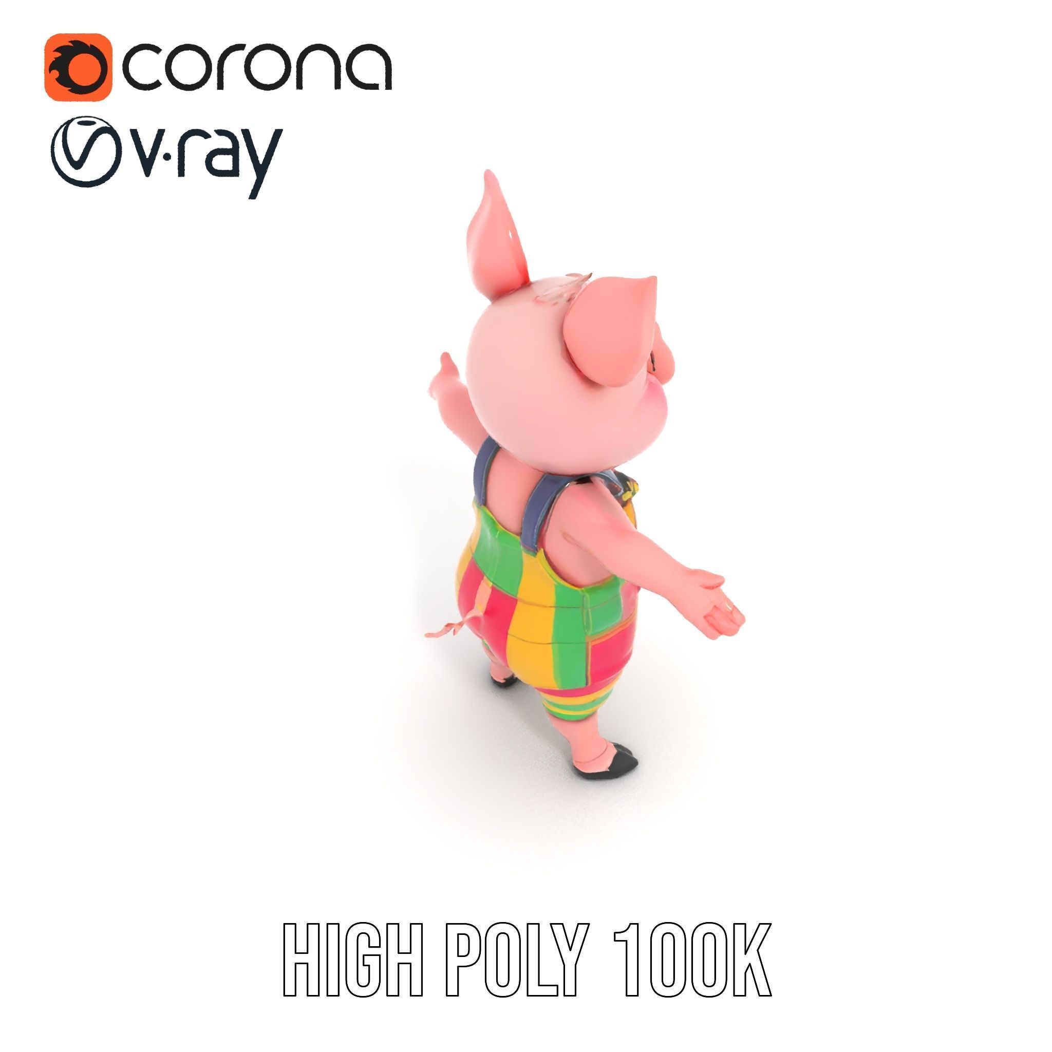 Colorful Striped Overall Piglet Character  Rigged and Animated Low-poly 3D model_16