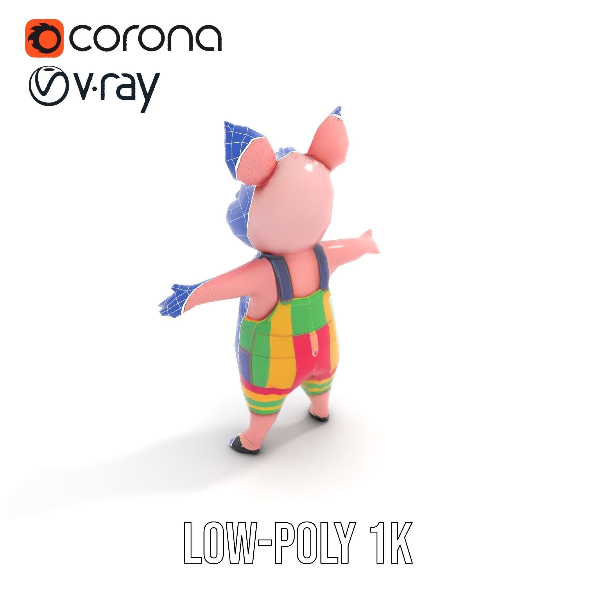 Colorful Striped Overall Piglet Character  Rigged and Animated Low-poly 3D model_20