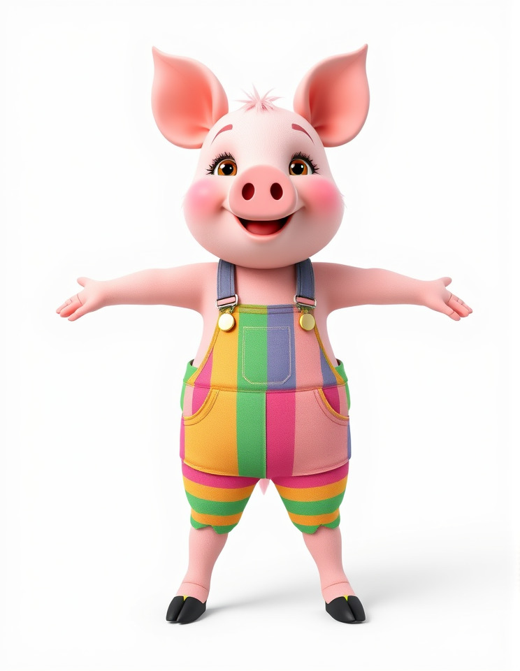 Colorful Striped Overall Piglet Character  Rigged and Animated Low-poly 3D model_3