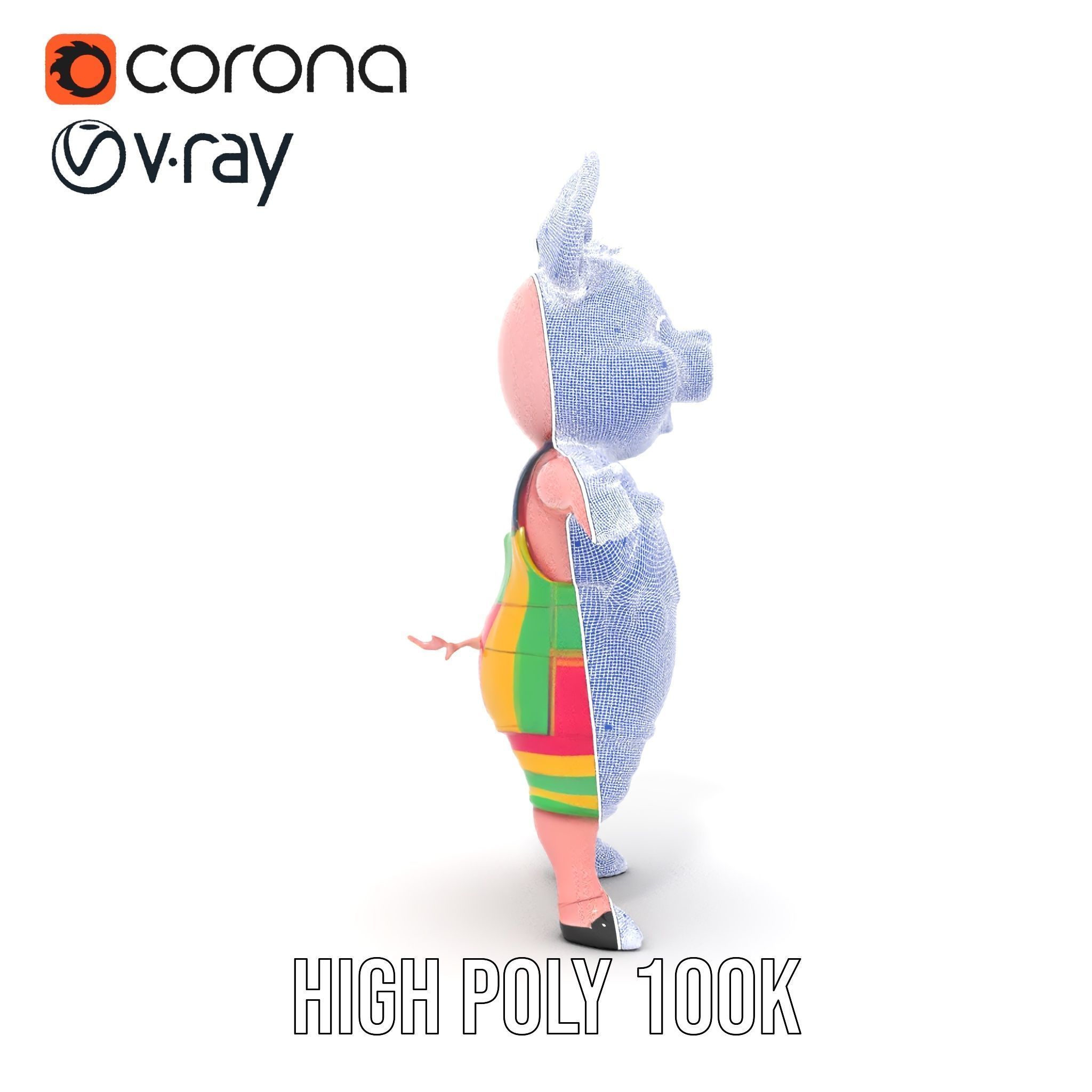 Colorful Striped Overall Piglet Character  Rigged and Animated Low-poly 3D model_37