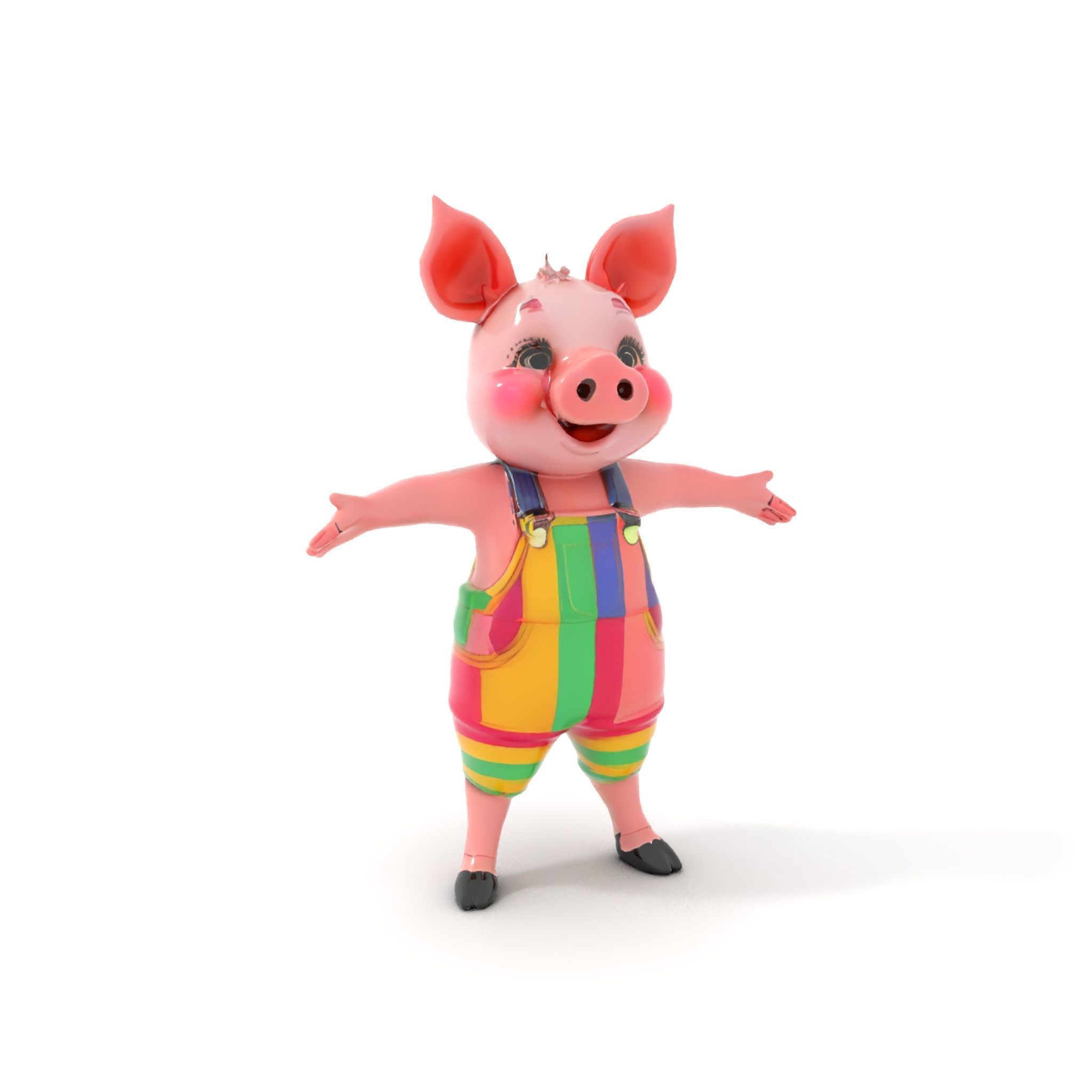 Colorful Striped Overall Piglet Character  Rigged and Animated Low-poly 3D model_19