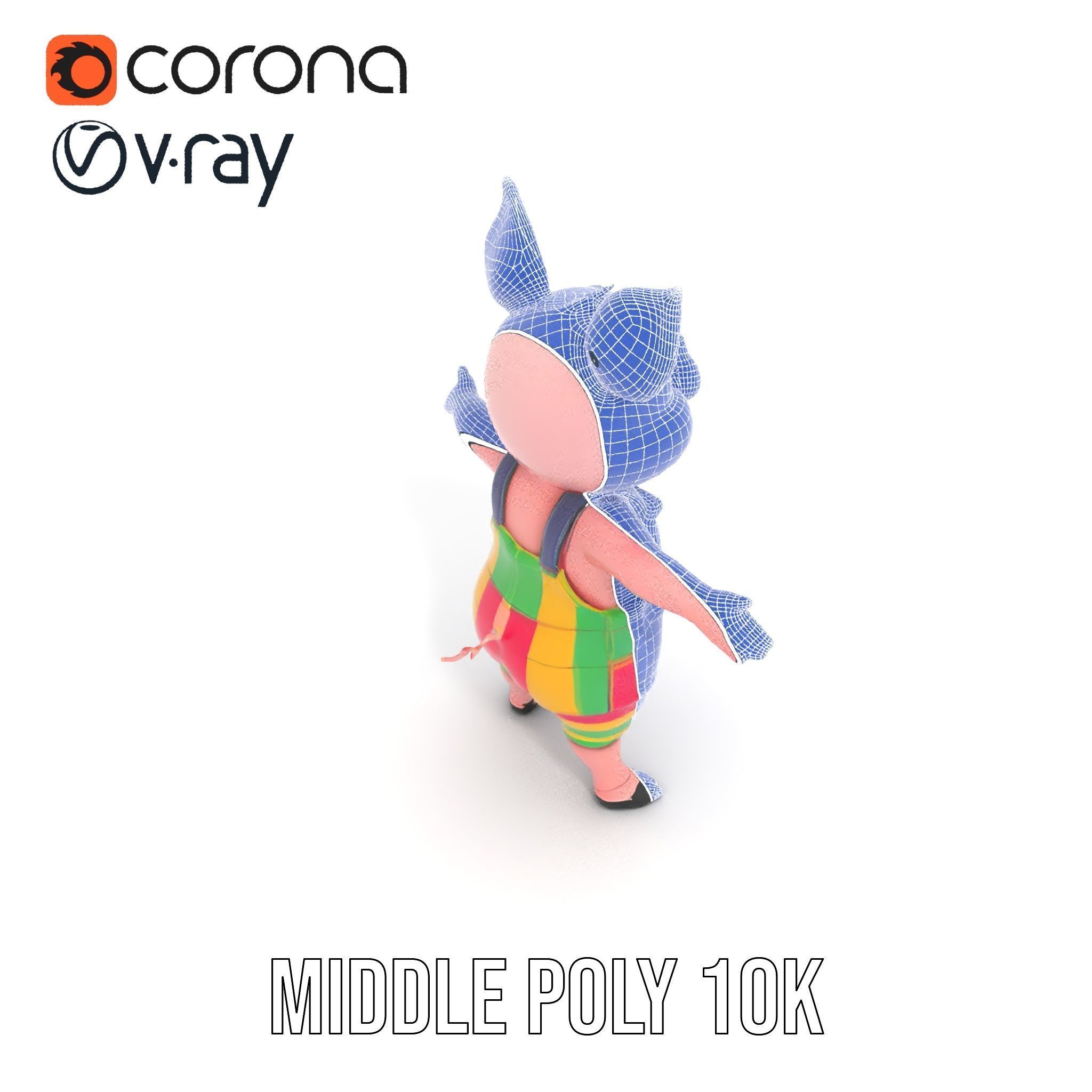 Colorful Striped Overall Piglet Character  Rigged and Animated Low-poly 3D model_27