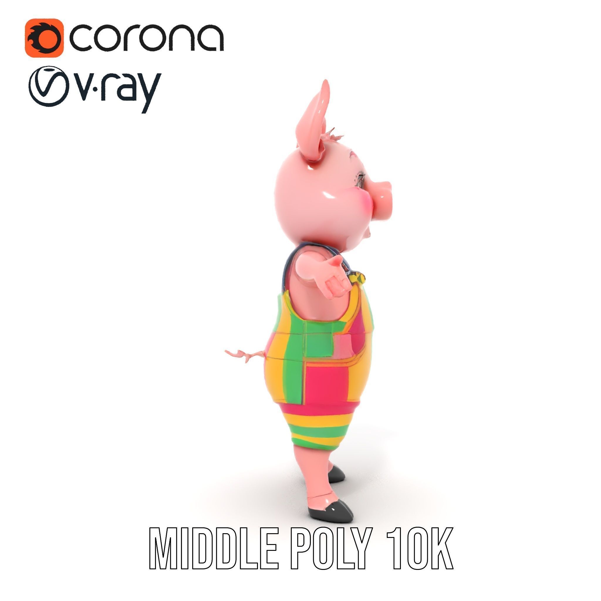 Colorful Striped Overall Piglet Character  Rigged and Animated Low-poly 3D model_14