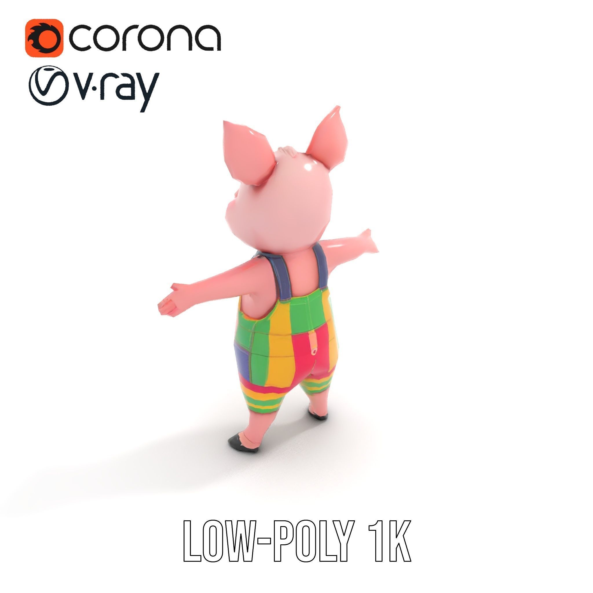 Colorful Striped Overall Piglet Character  Rigged and Animated Low-poly 3D model_15
