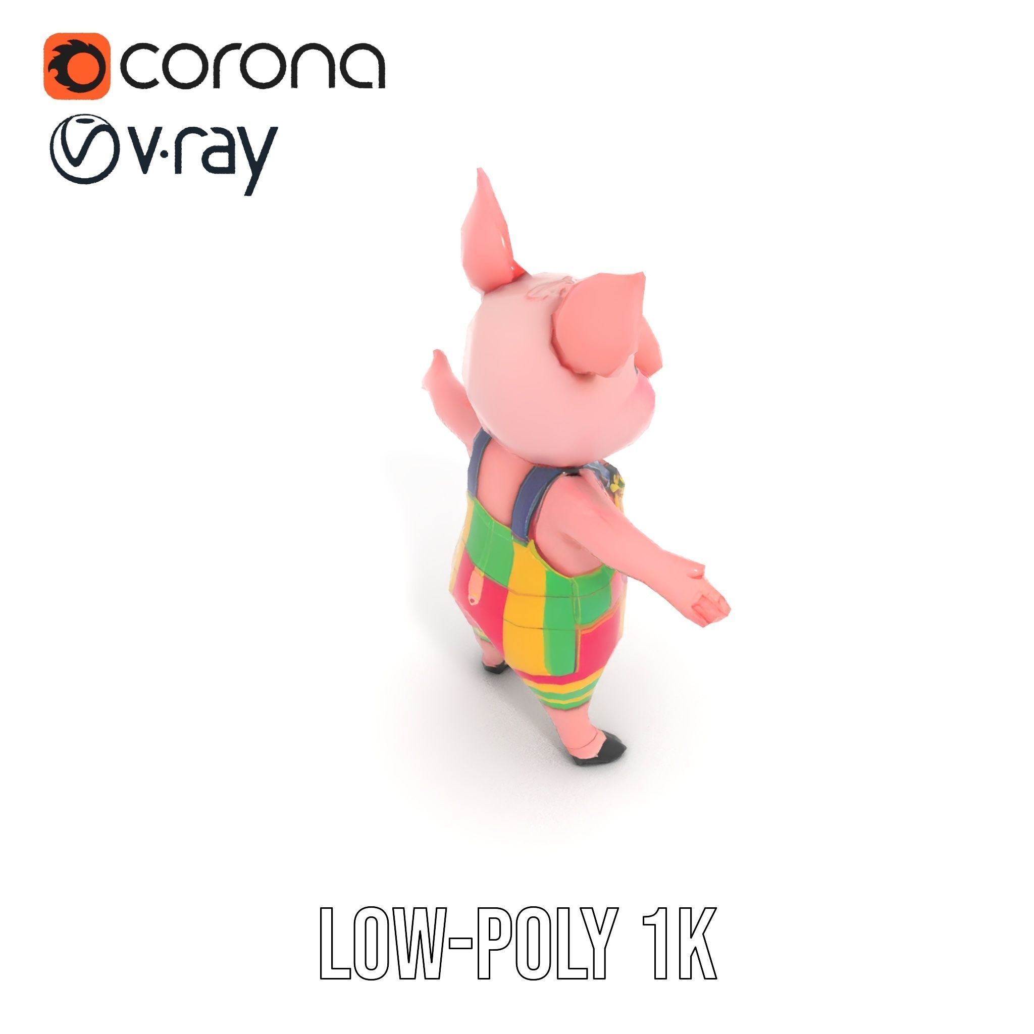 Colorful Striped Overall Piglet Character  Rigged and Animated Low-poly 3D model_8