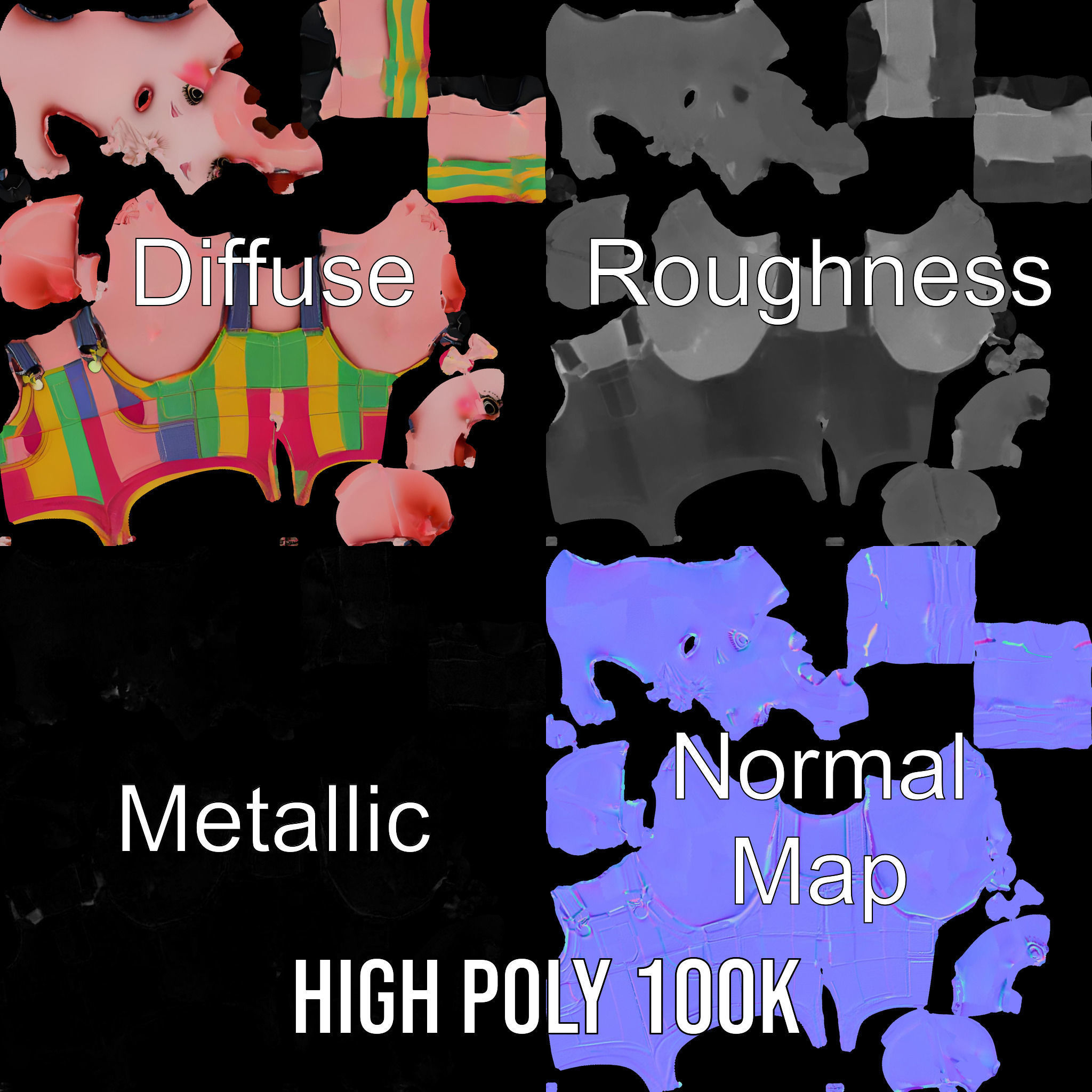 Colorful Striped Overall Piglet Character  Rigged and Animated Low-poly 3D model_4