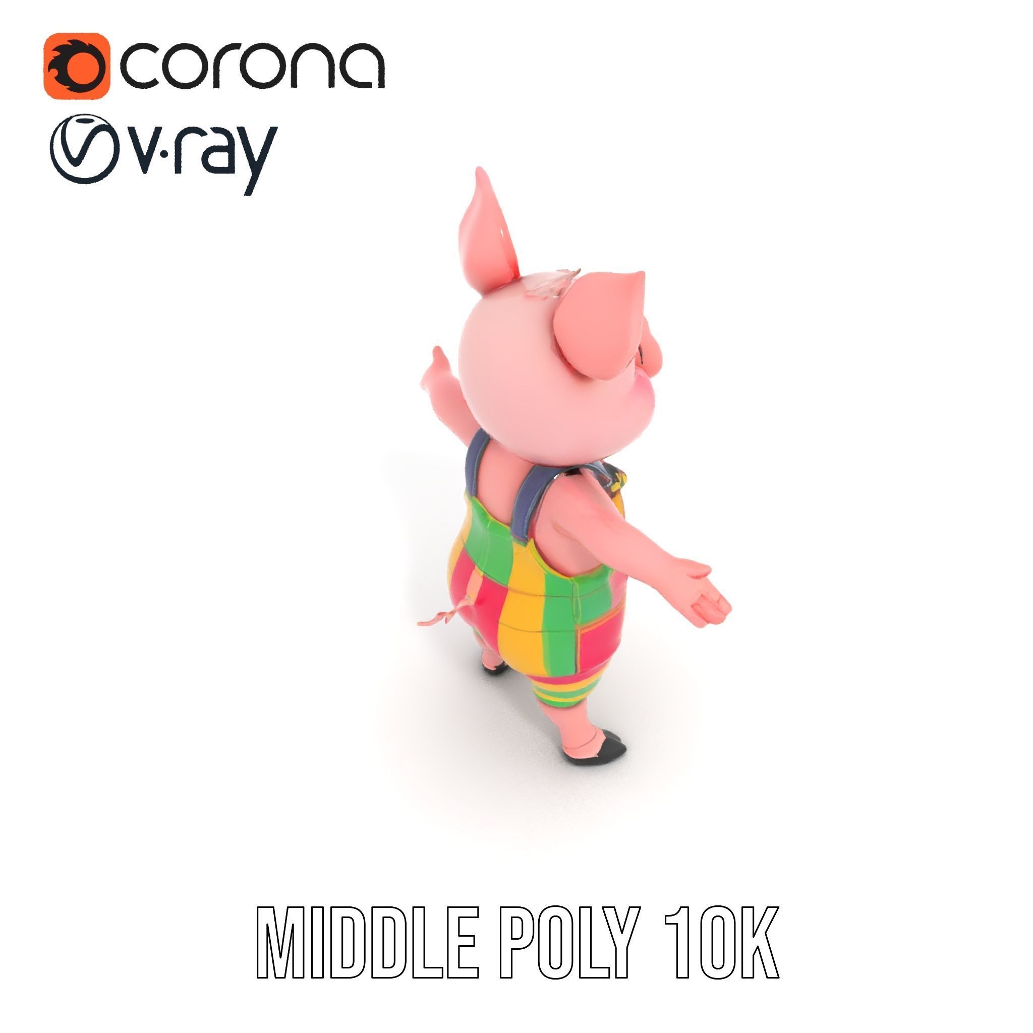 Colorful Striped Overall Piglet Character  Rigged and Animated Low-poly 3D model_30